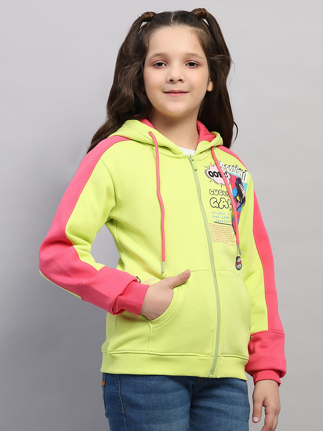 Girls Green Printed Hooded Full Sleeve Sweatshirt