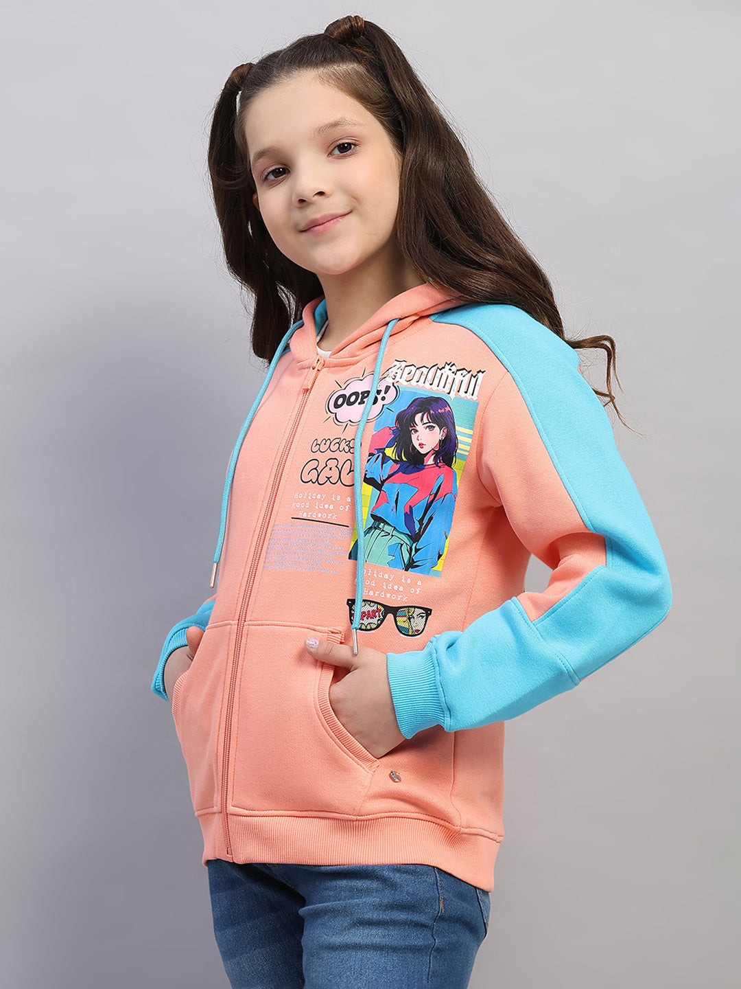 Girls Peach Printed Hooded Full Sleeve Sweatshirt
