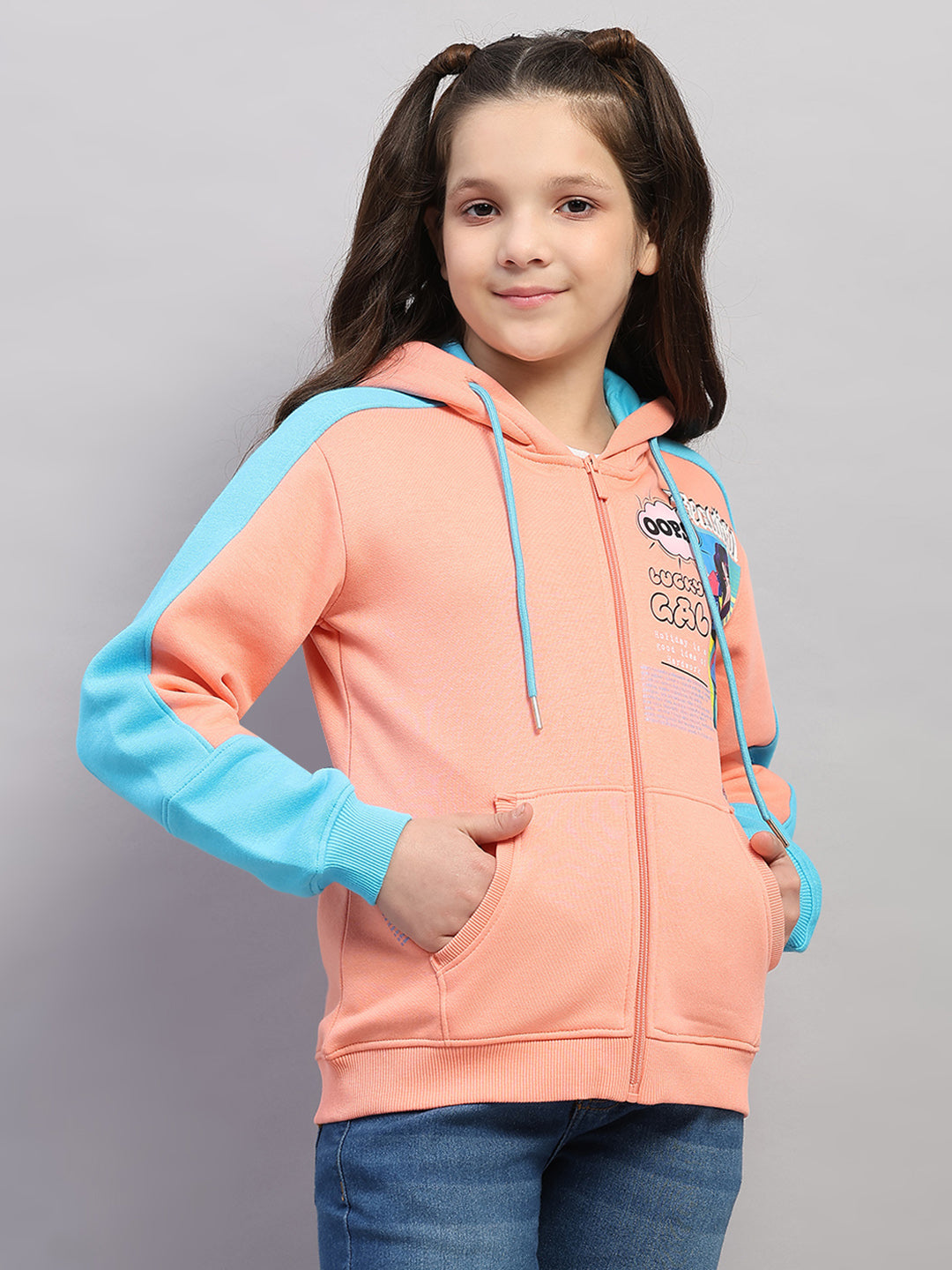 Girls Peach Printed Hooded Full Sleeve Sweatshirt