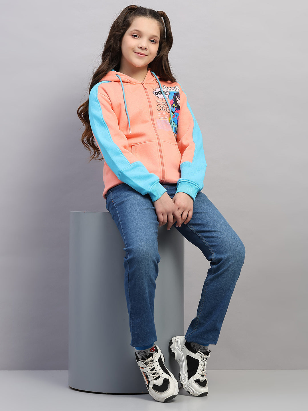 Girls Peach Printed Hooded Full Sleeve Sweatshirt