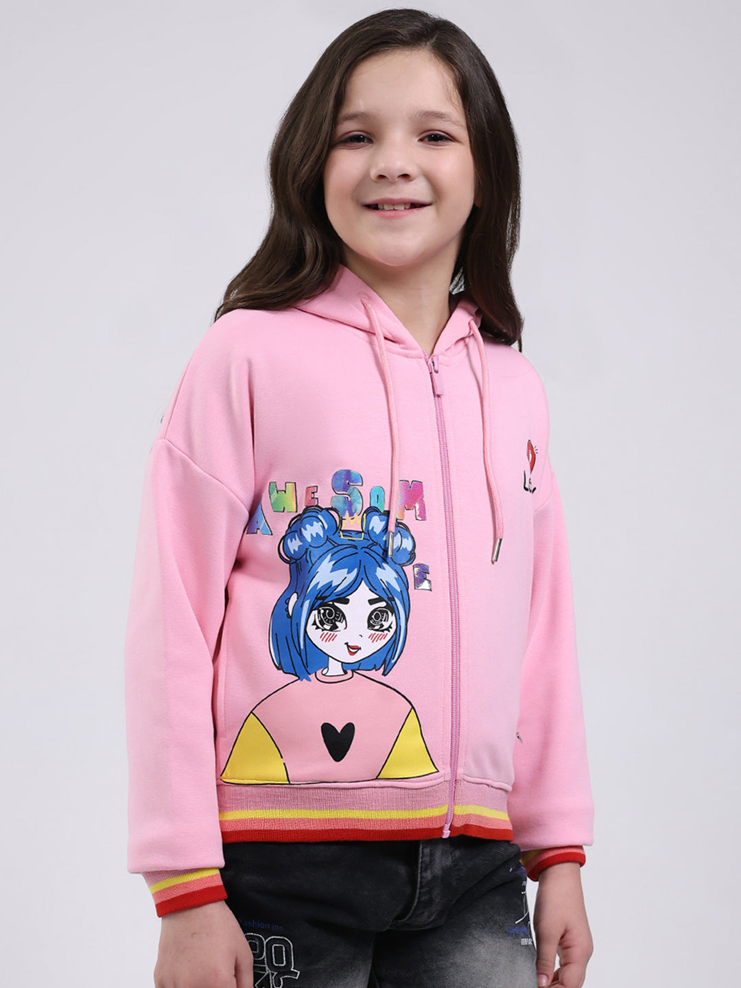 Girls Pink Printed Hooded Full Sleeve Sweatshirt