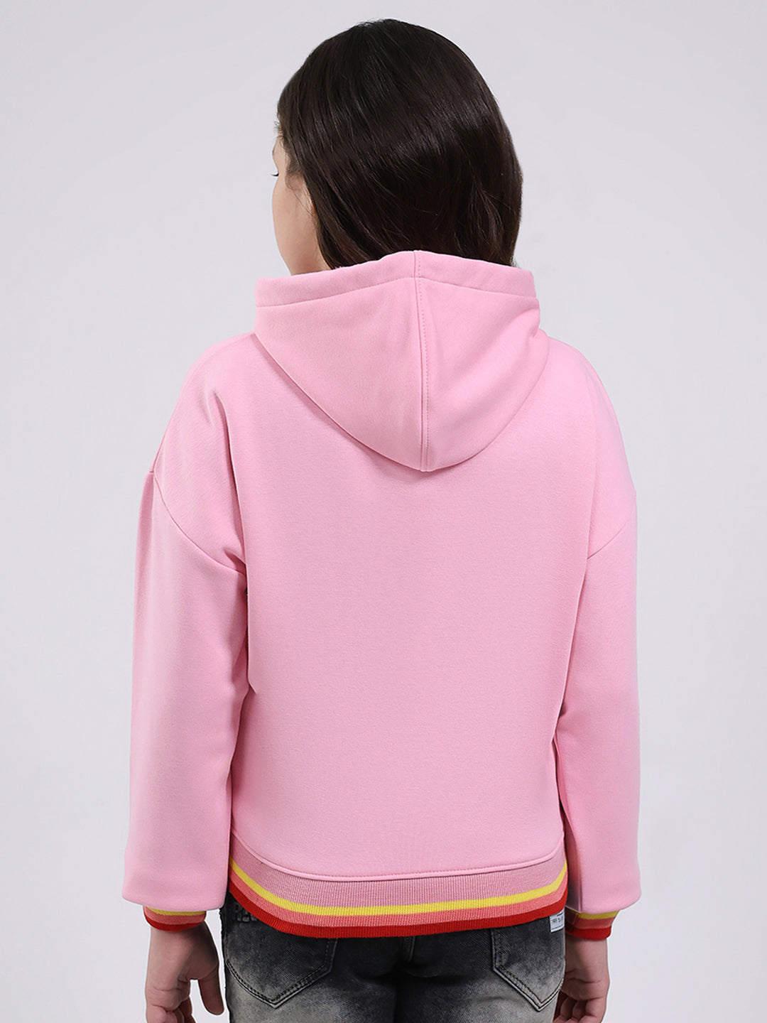 Girls Pink Printed Hooded Full Sleeve Sweatshirt