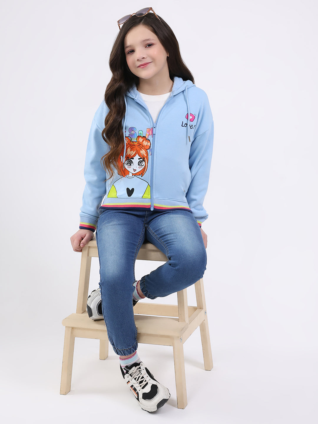Girls Sky Blue Printed Hooded Full Sleeve Sweatshirt
