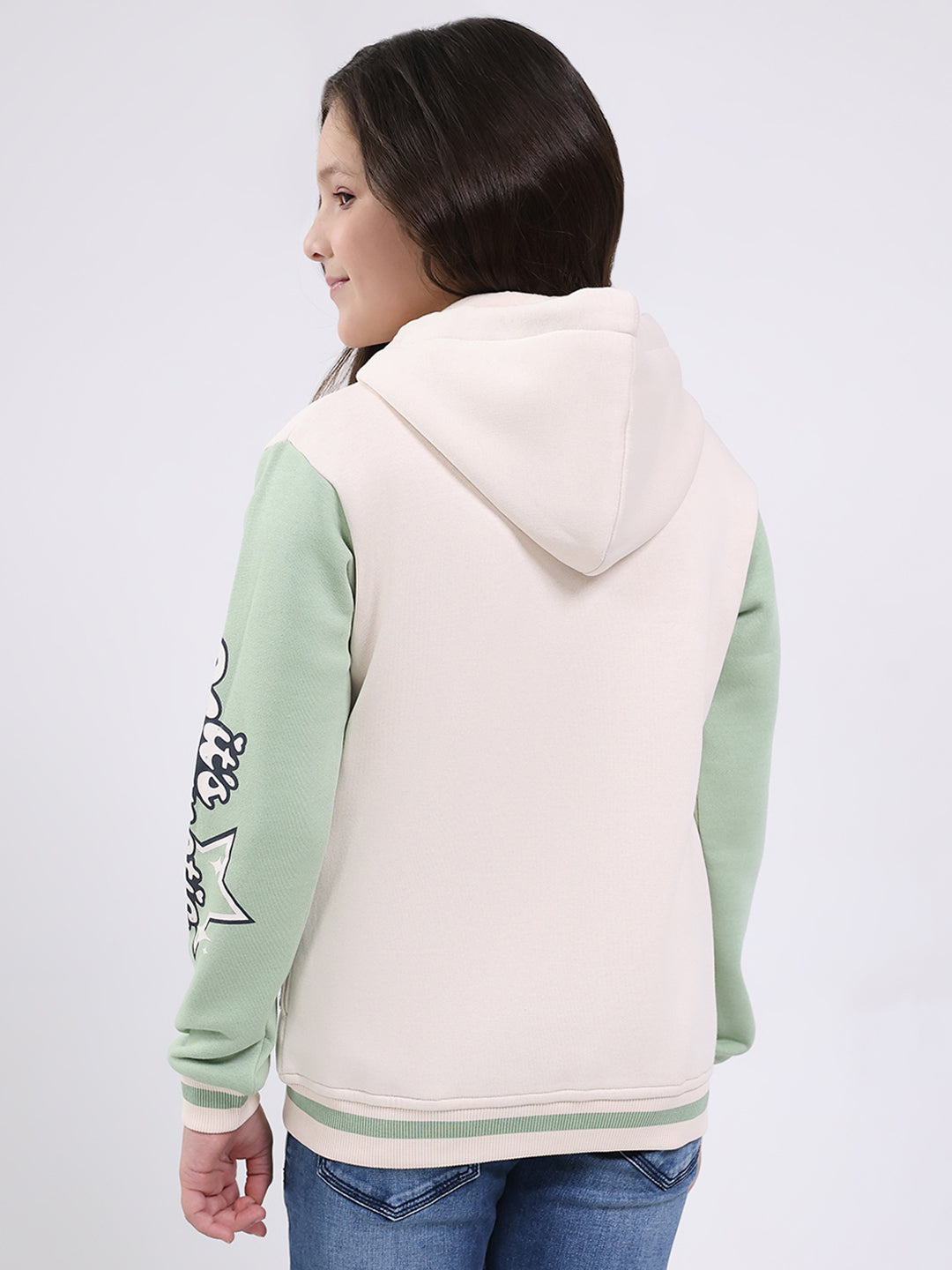 Girls Cream Printed Hooded Full Sleeve Sweatshirt