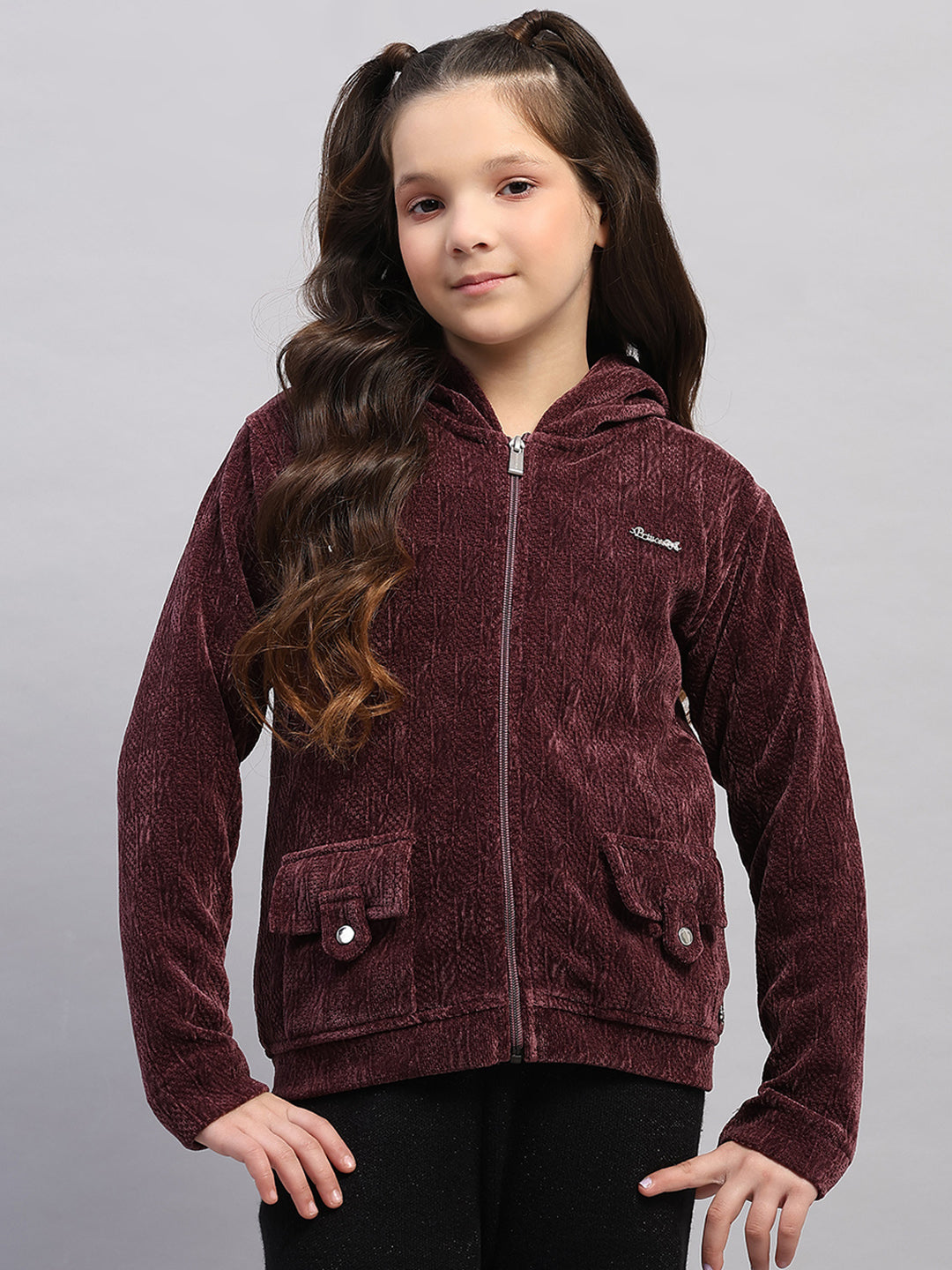 Girls Burgundy Self Design Hooded Full Sleeve Sweatshirt