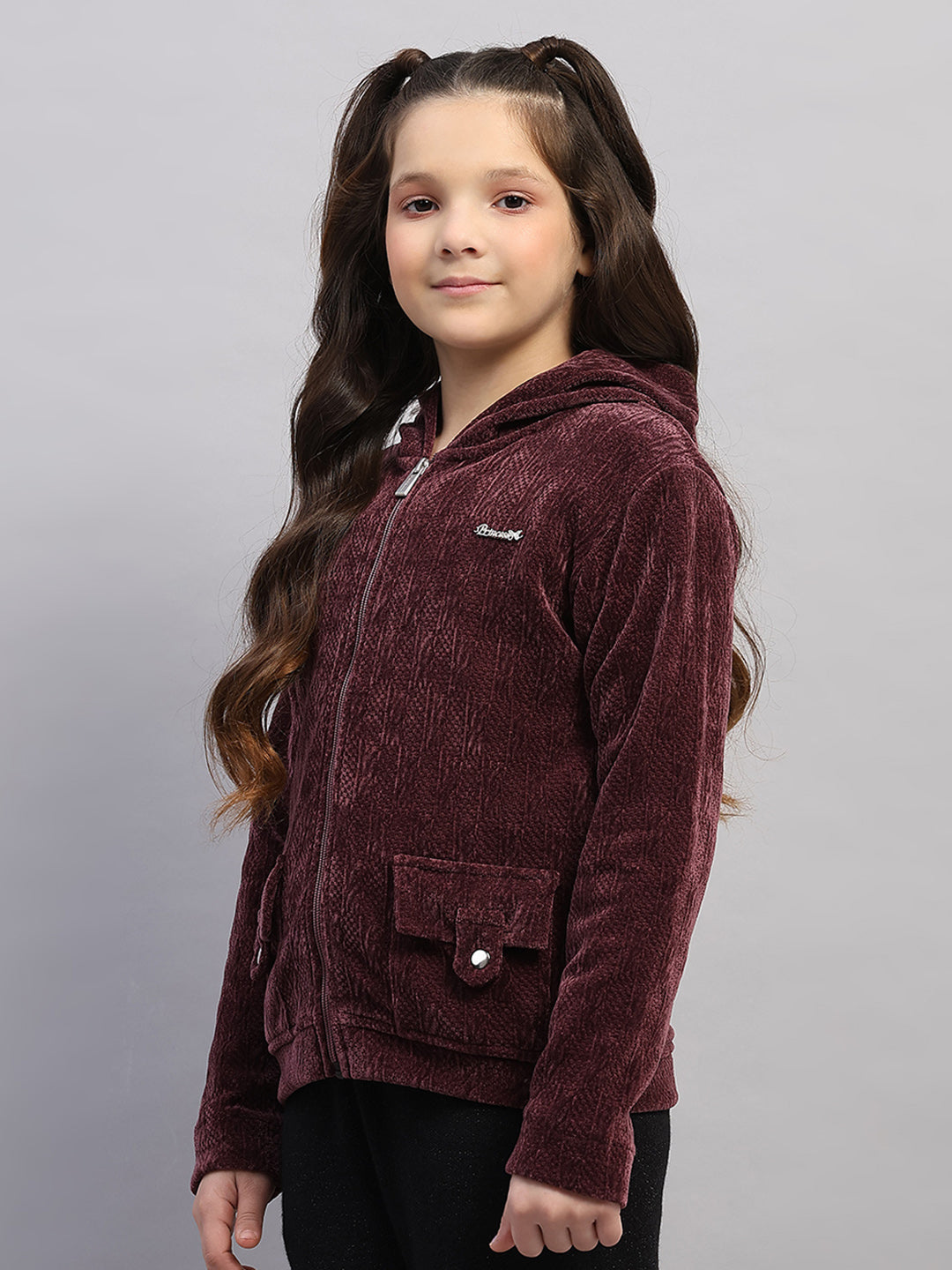 Girls Burgundy Self Design Hooded Full Sleeve Sweatshirt