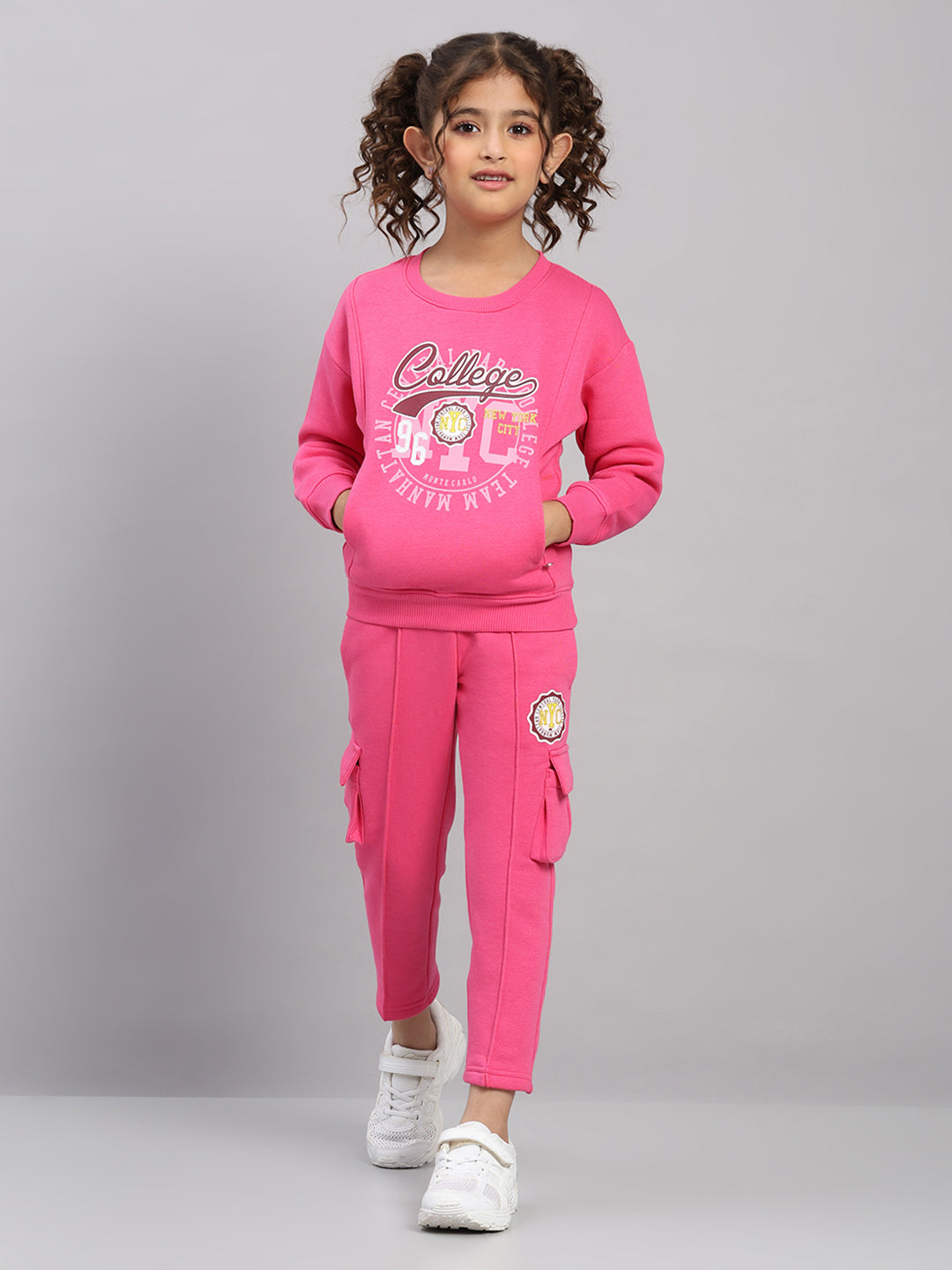 Girls Magenta Printed Round Neck Full Sleeve Tracksuit