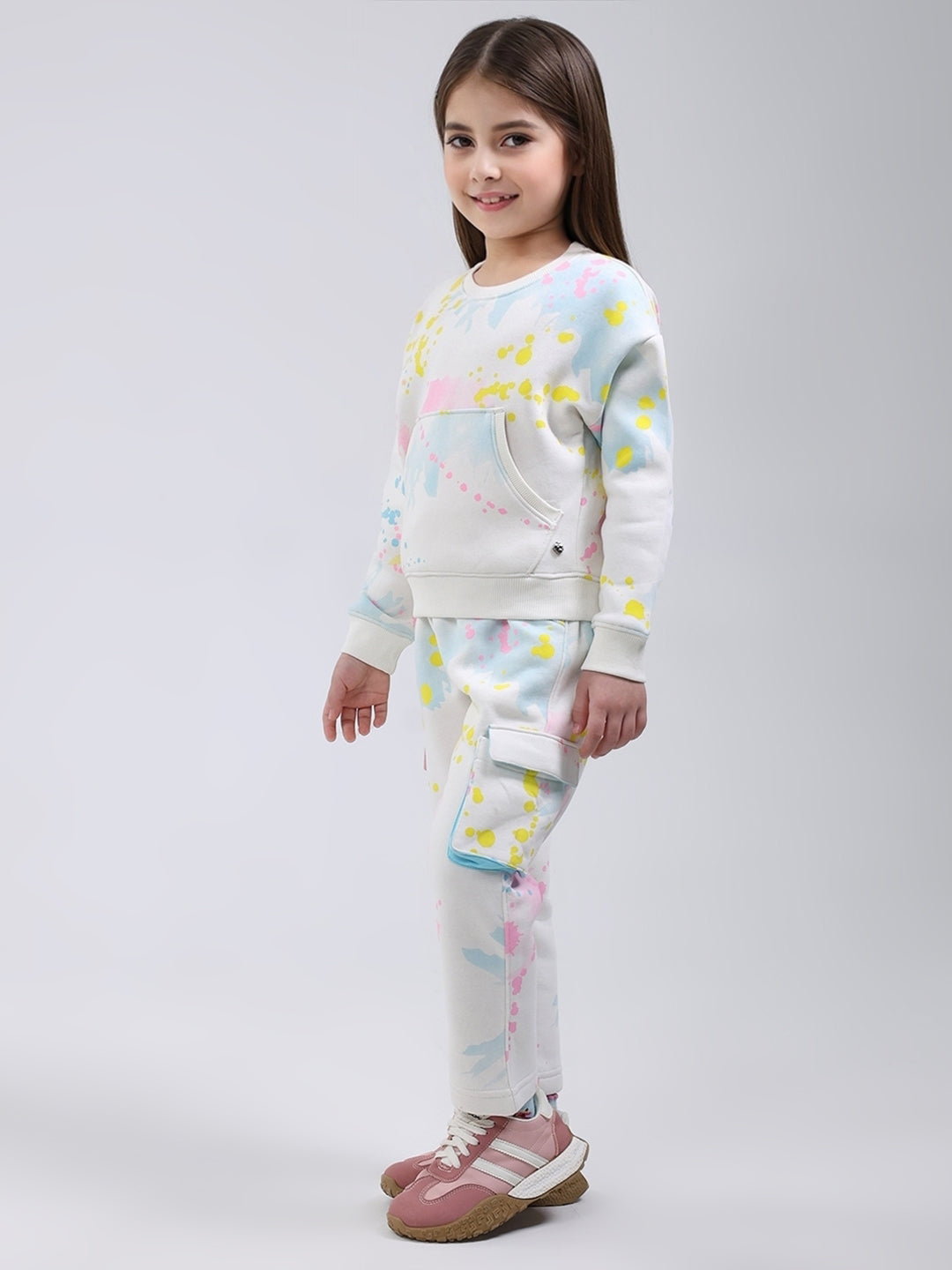 Girls Off White Printed Round Neck Full Sleeve Tracksuit