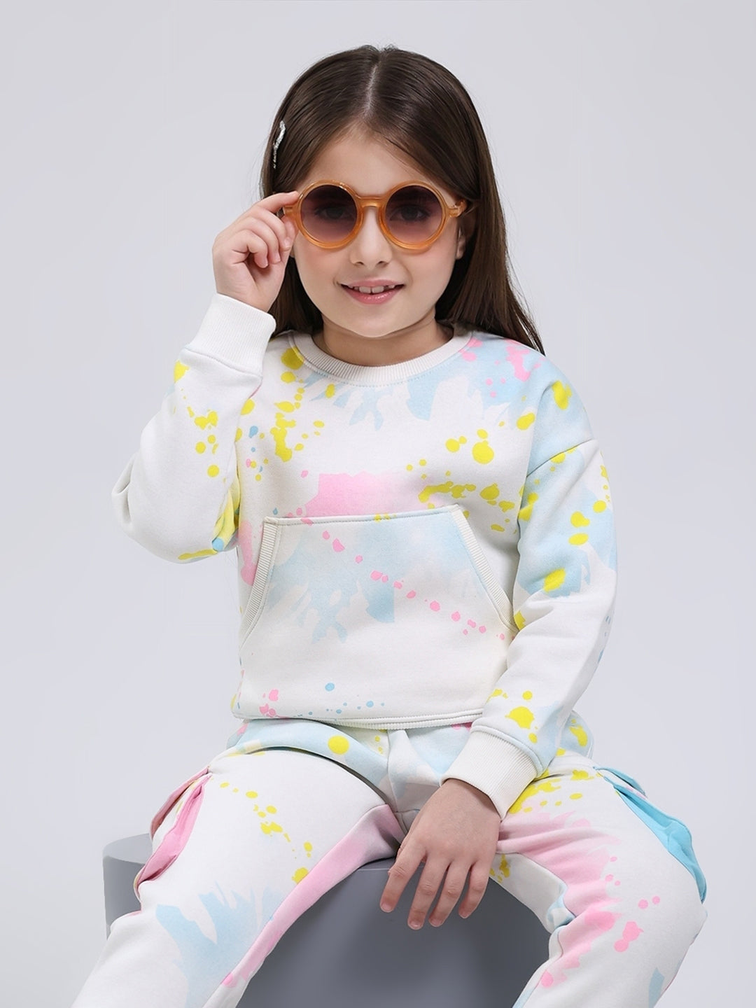 Girls Off White Printed Round Neck Full Sleeve Tracksuit