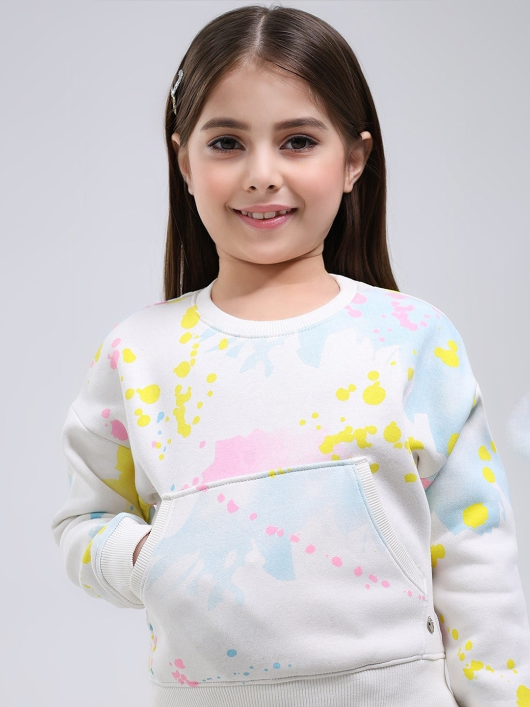 Girls Off White Printed Round Neck Full Sleeve Tracksuit