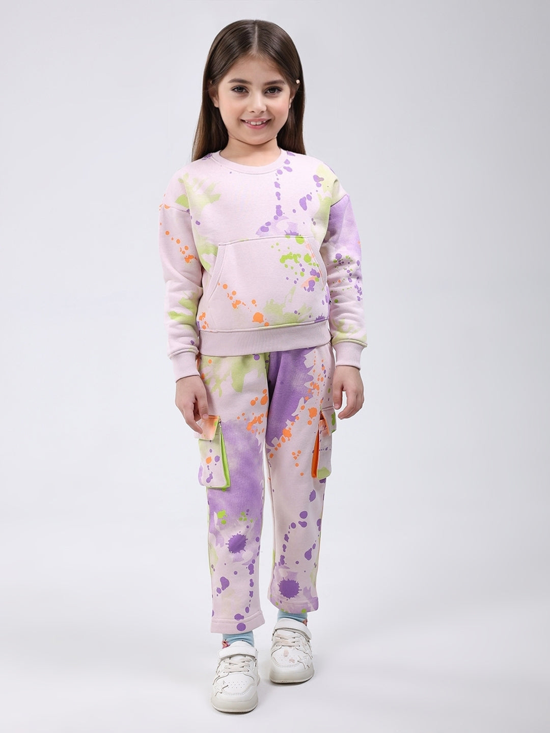 Girls Pink Printed Round Neck Full Sleeve Tracksuit