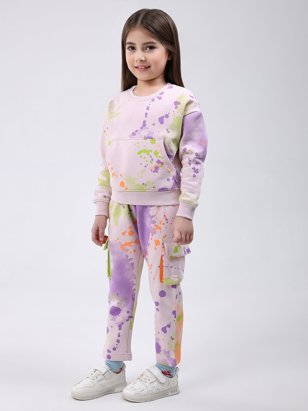 Girls Pink Printed Round Neck Full Sleeve Tracksuit