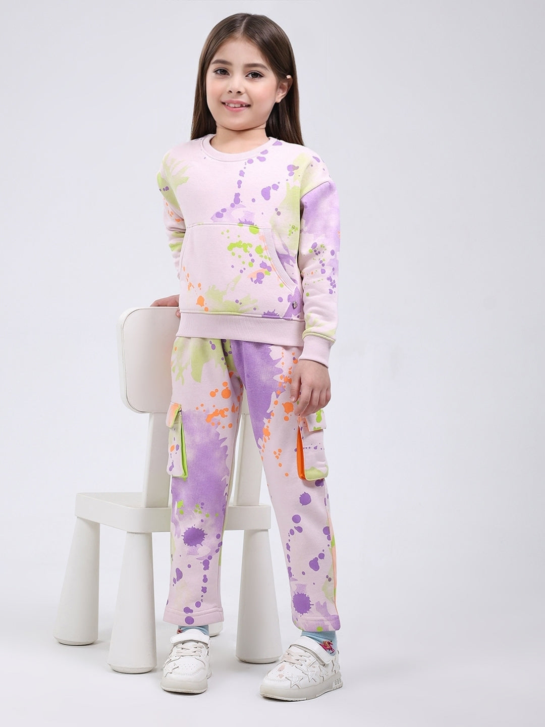 Girls Pink Printed Round Neck Full Sleeve Tracksuit