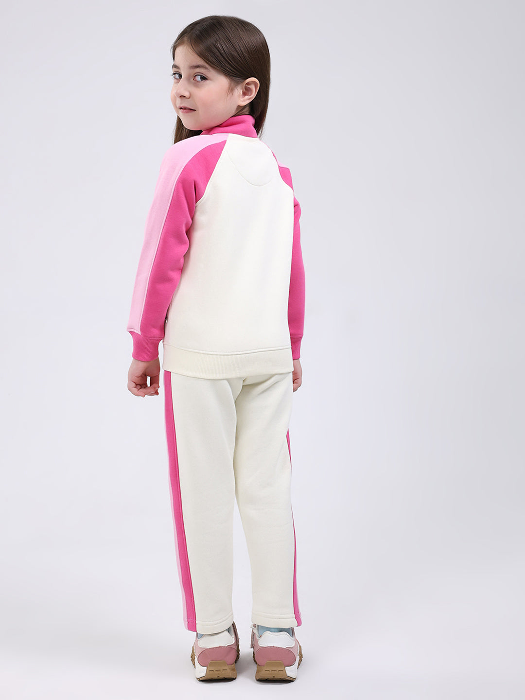 Girls Cream Printed Mock Neck Full Sleeve Tracksuit