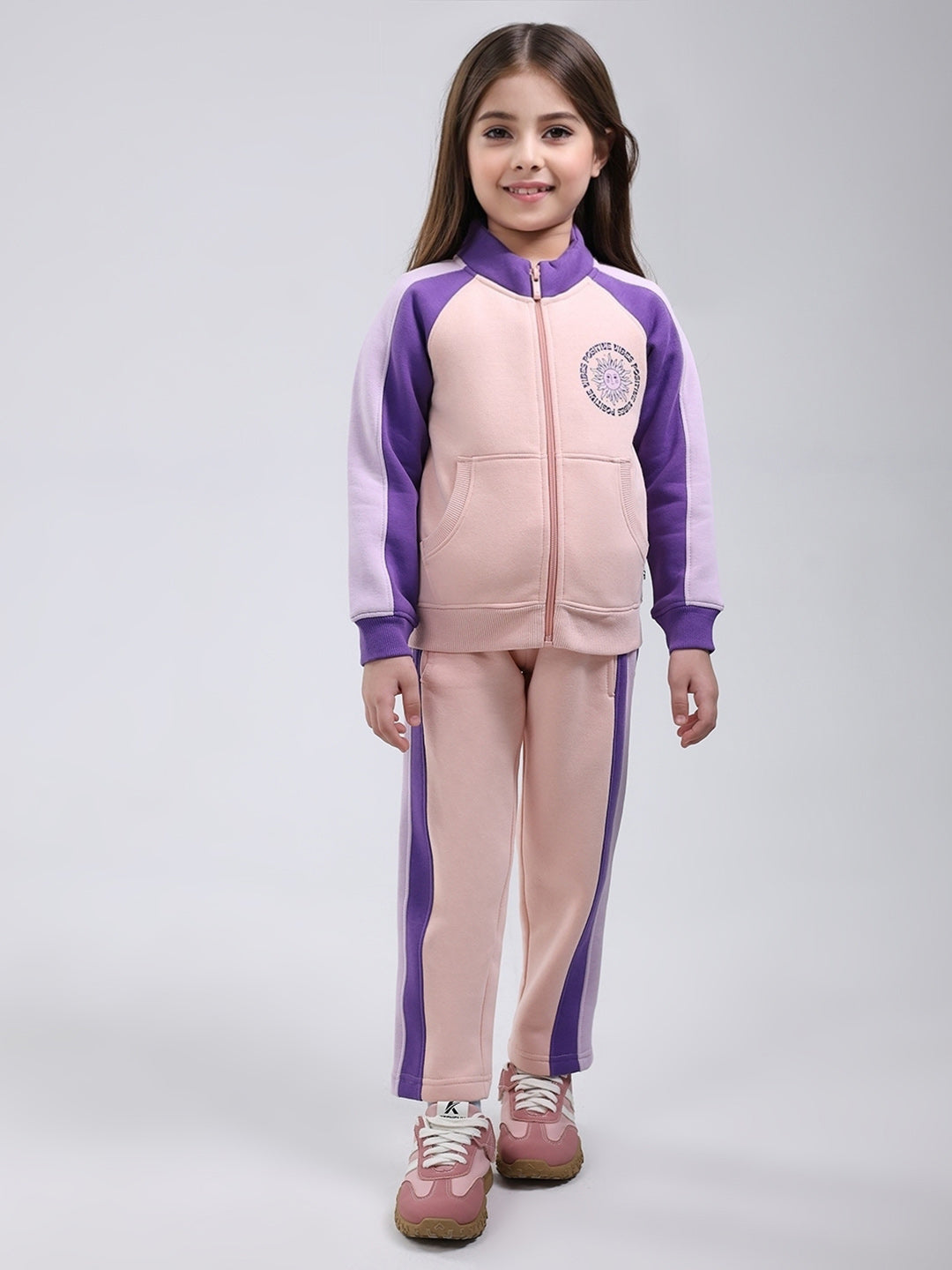 Girls Peach Printed Mock Neck Full Sleeve Tracksuit