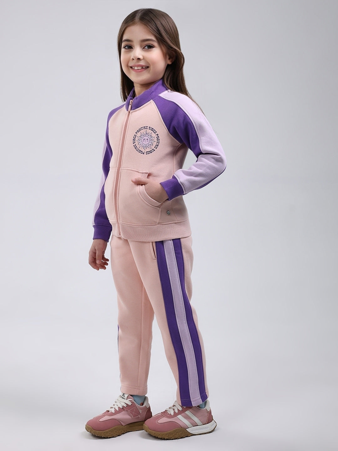 Girls Peach Printed Mock Neck Full Sleeve Tracksuit