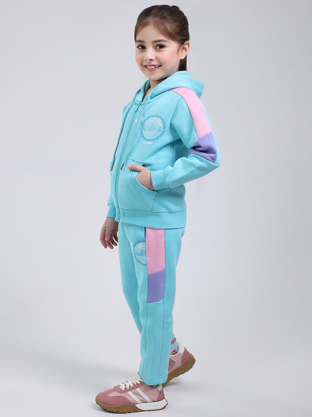 Girls Blue Printed Hooded Full Sleeve Tracksuit