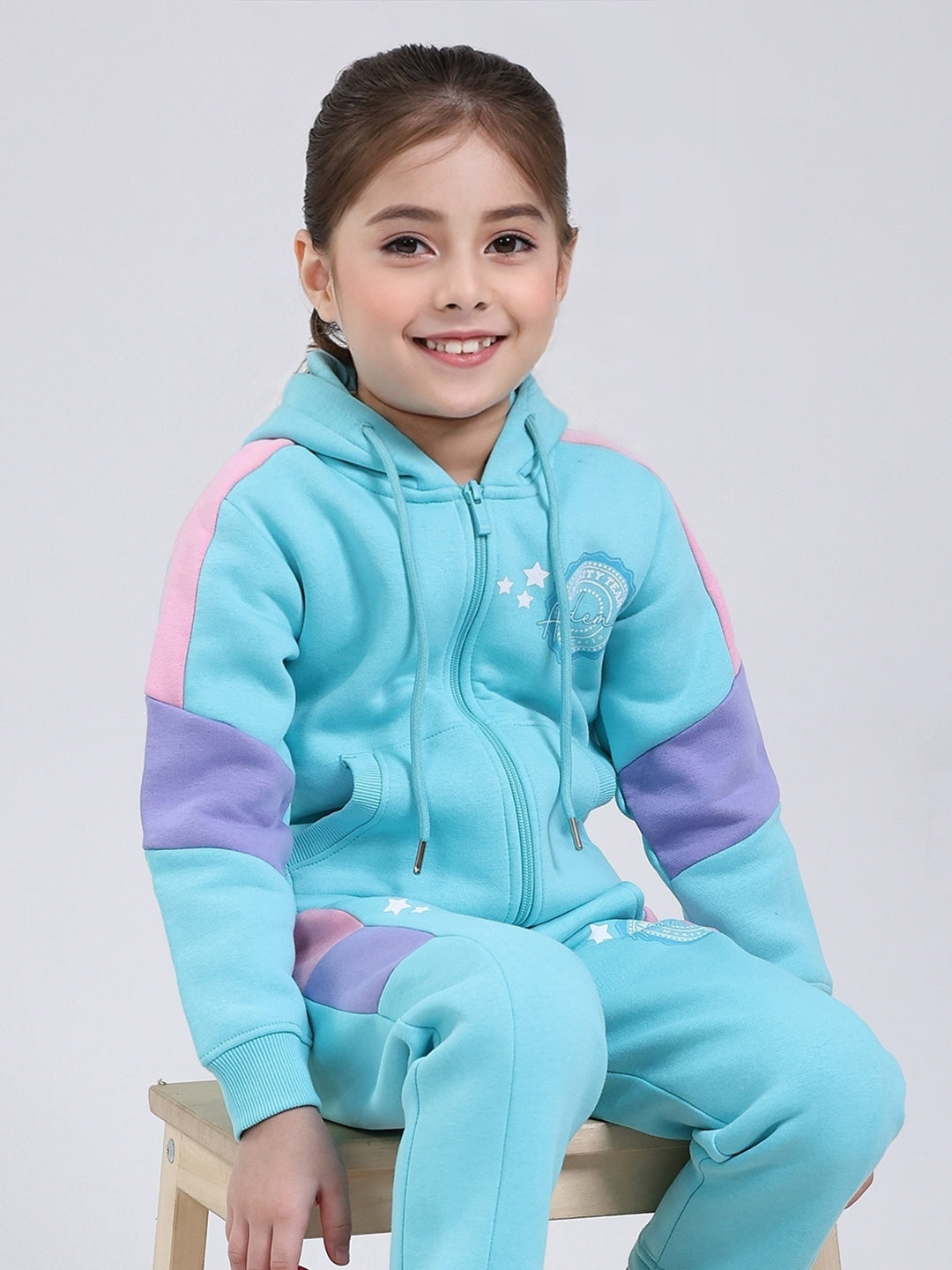 Girls Blue Printed Hooded Full Sleeve Tracksuit