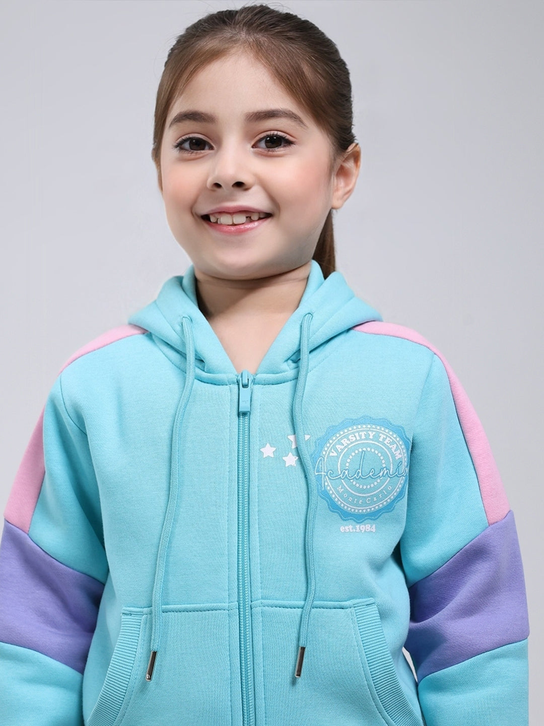 Girls Blue Printed Hooded Full Sleeve Tracksuit