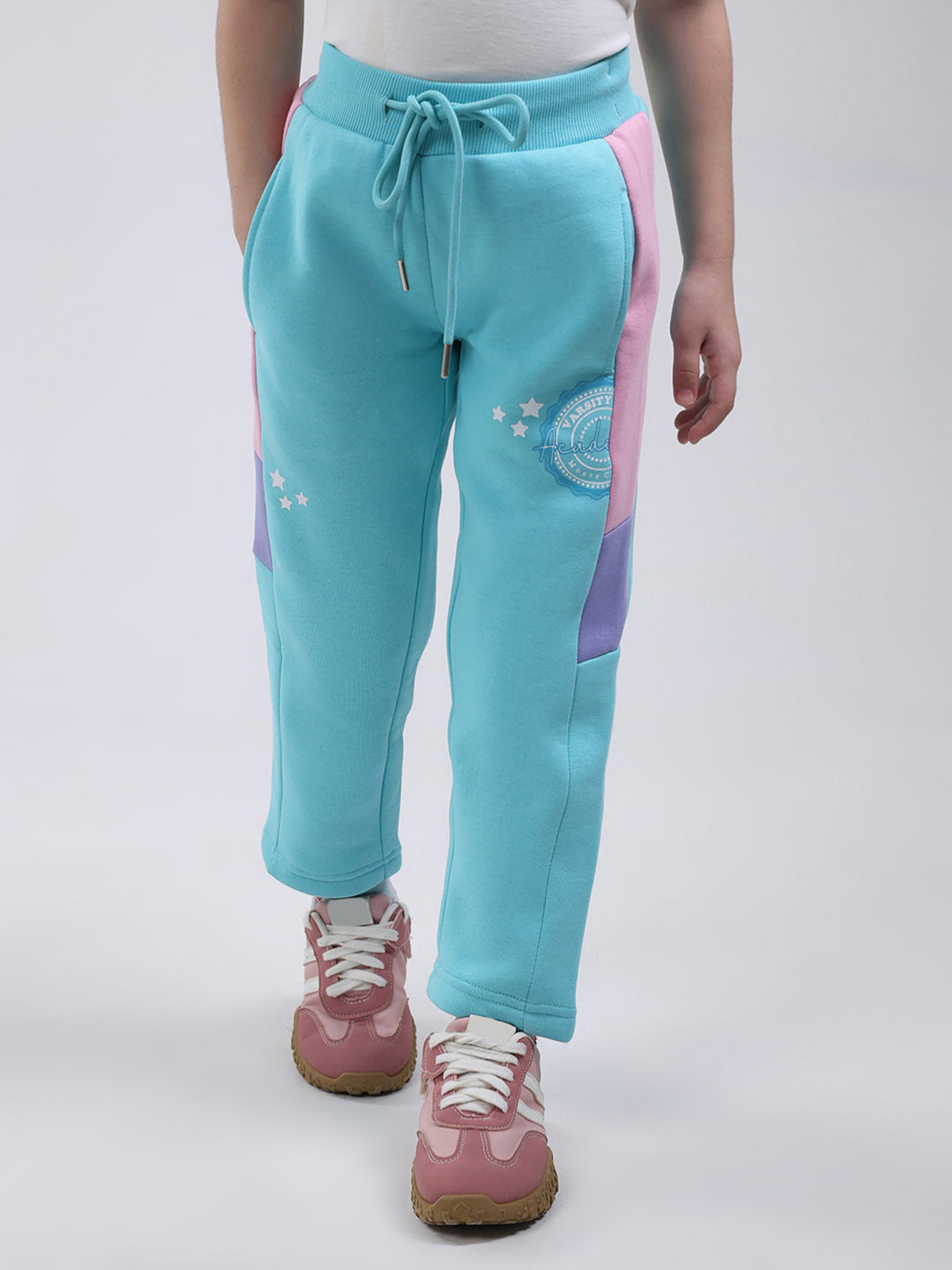 Girls Blue Printed Hooded Full Sleeve Tracksuit