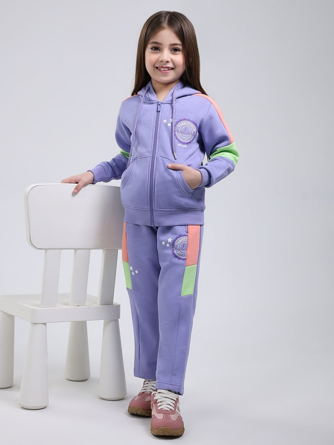 Girls Purple Printed Hooded Full Sleeve Tracksuit