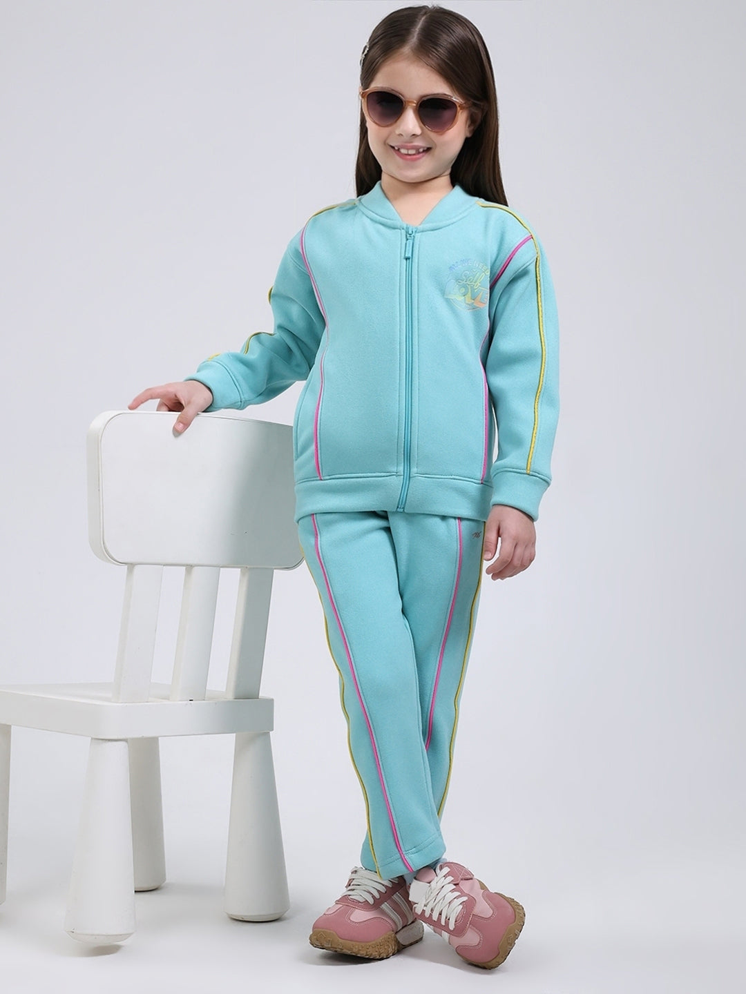 Girls Blue Printed Mock Neck Full Sleeve Tracksuit