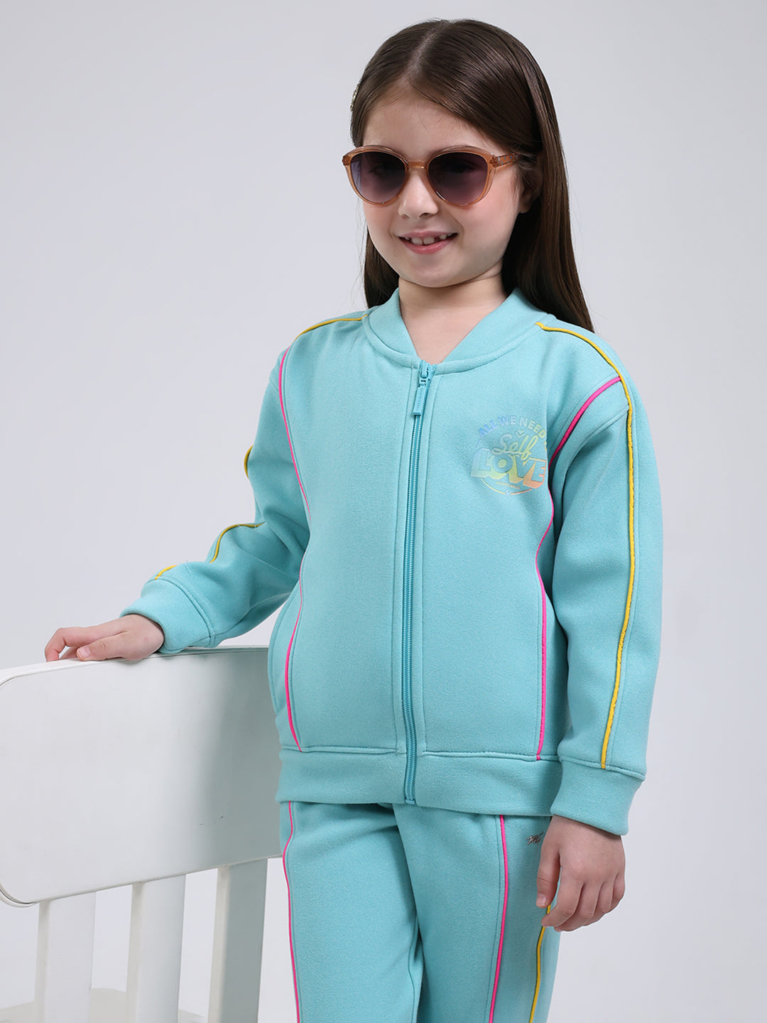 Girls Blue Printed Mock Neck Full Sleeve Tracksuit