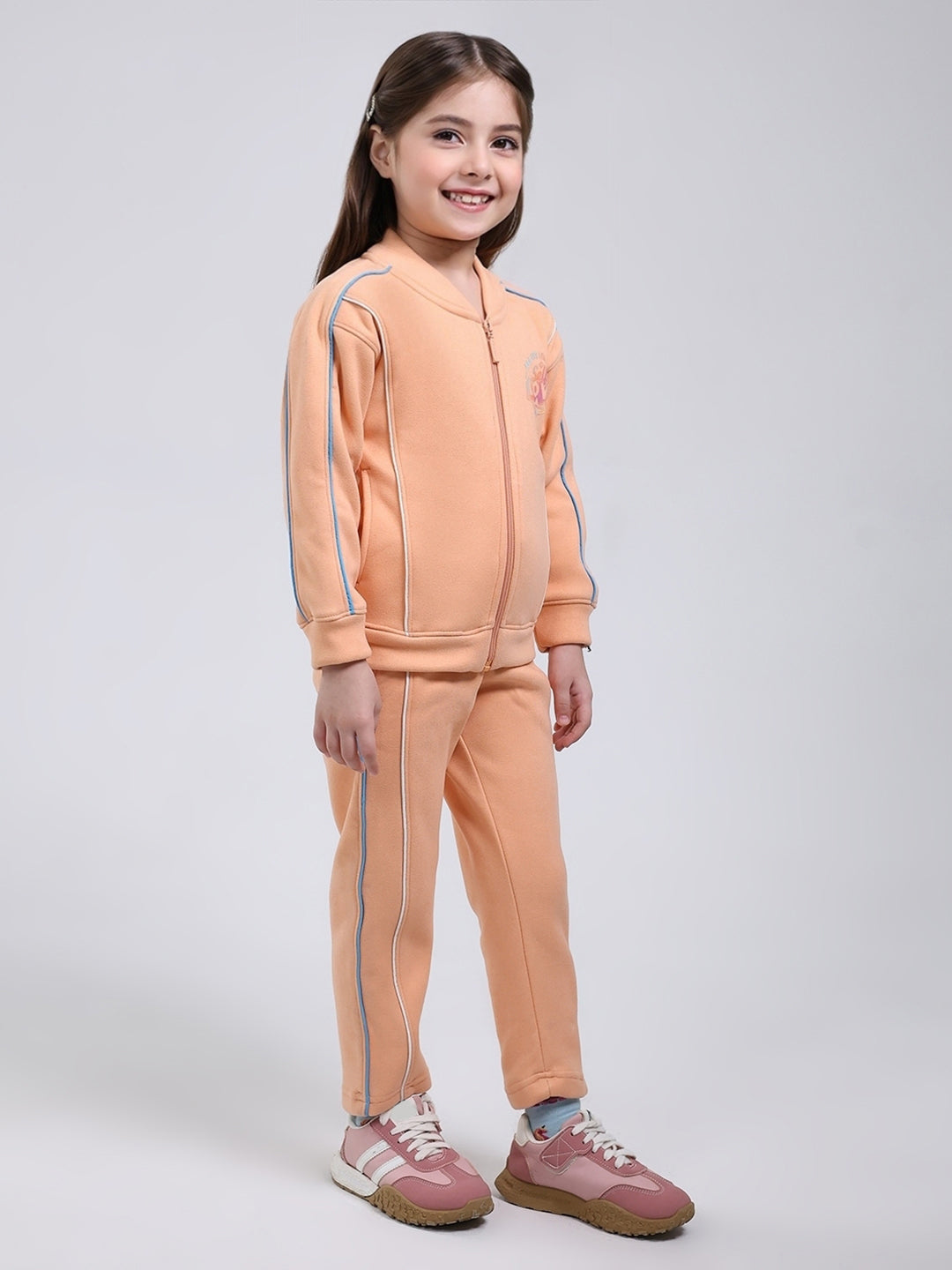 Girls Peach Printed Mock Neck Full Sleeve Tracksuit