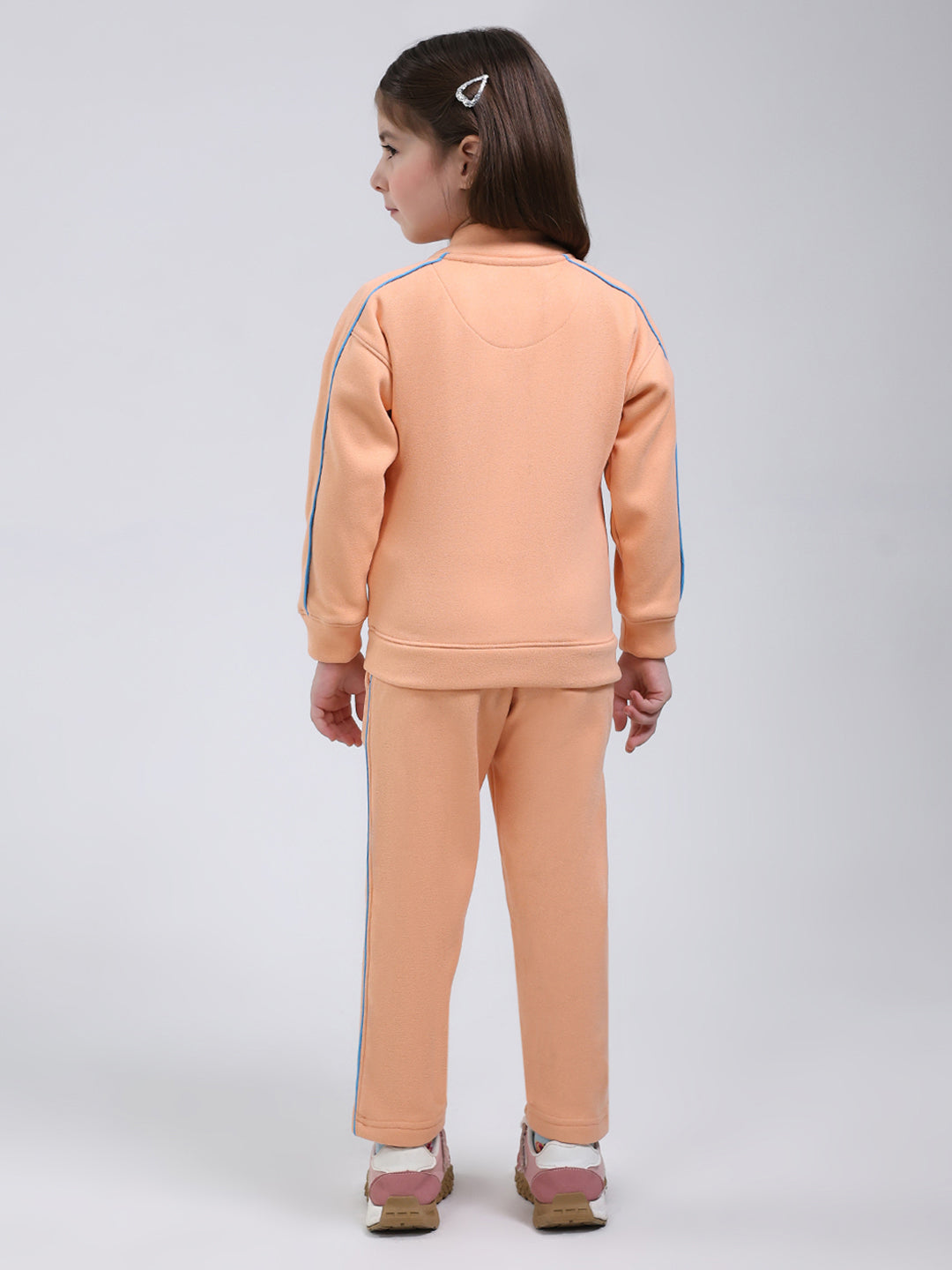 Girls Peach Printed Mock Neck Full Sleeve Tracksuit