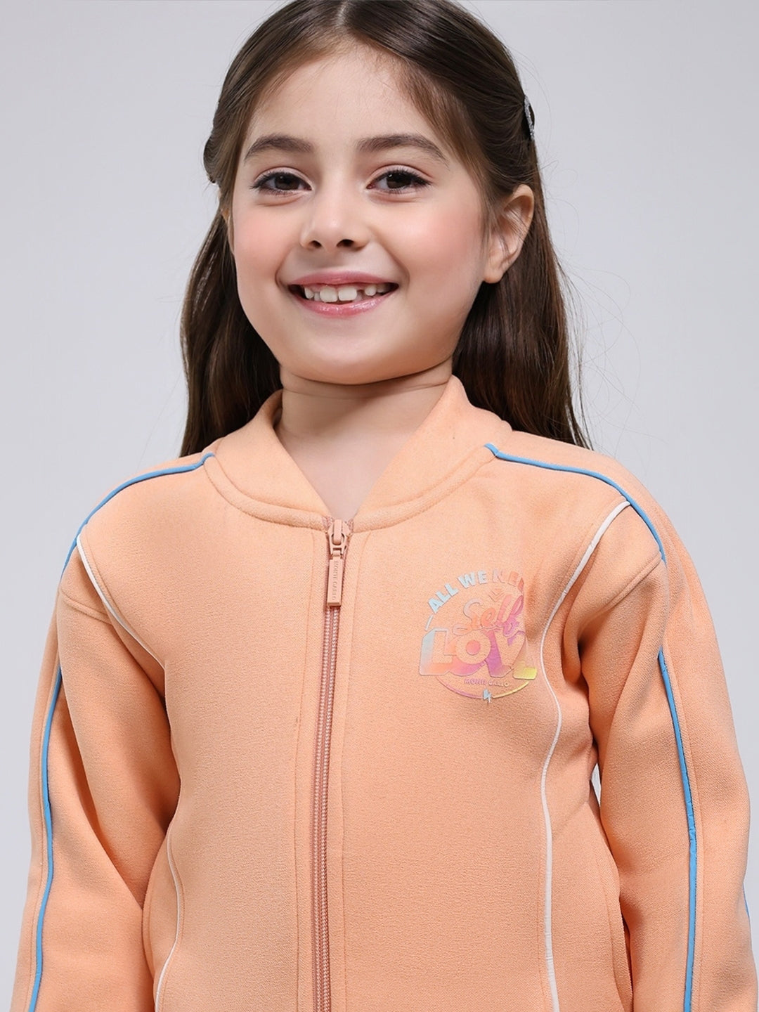 Girls Peach Printed Mock Neck Full Sleeve Tracksuit