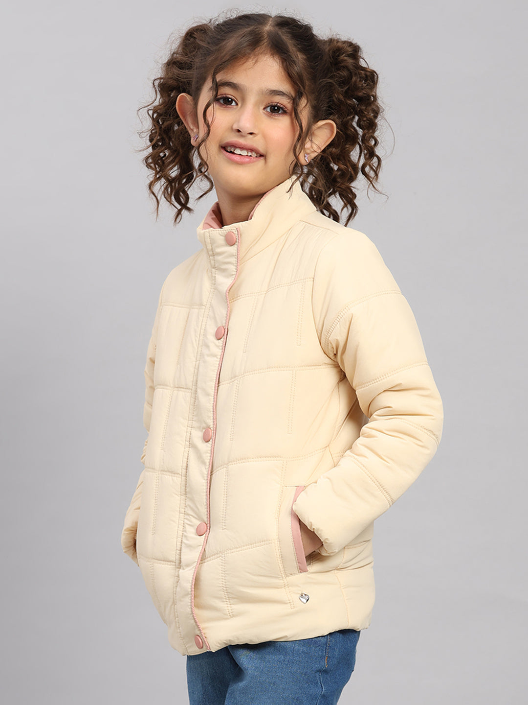 Girls Beige Solid Collar Full Sleeve Jacket