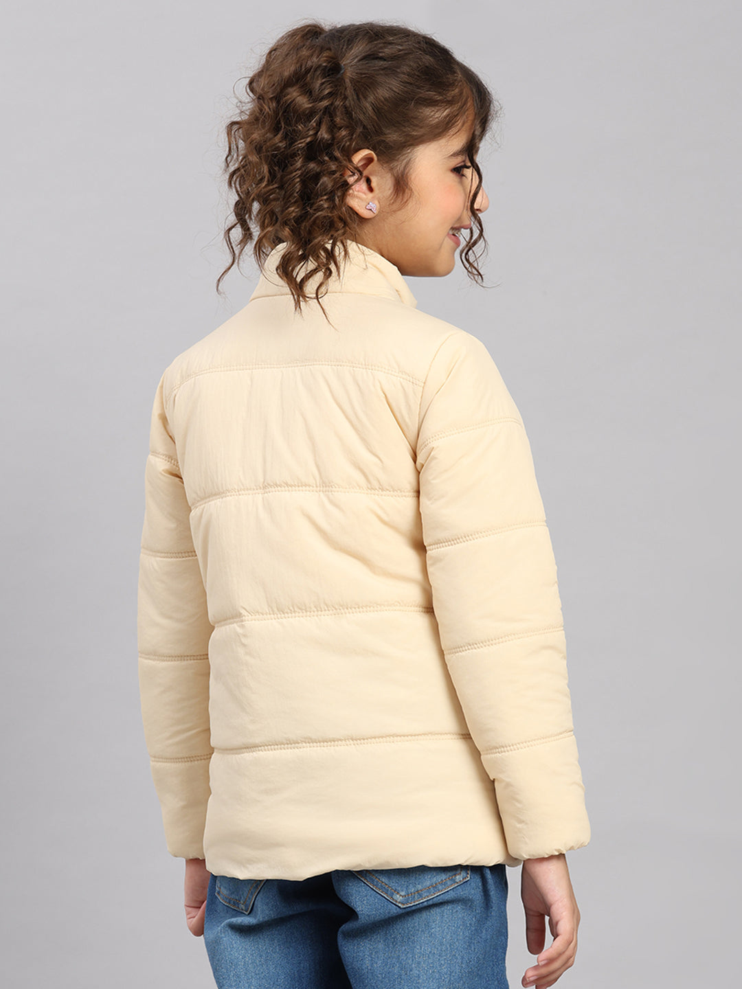 Girls Beige Solid Collar Full Sleeve Jacket