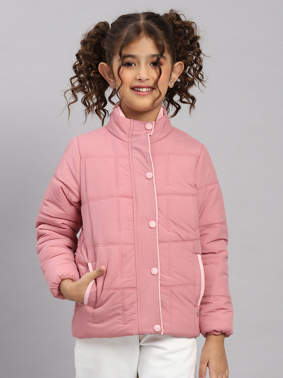 Girls Pink Solid Collar Full Sleeve Jacket