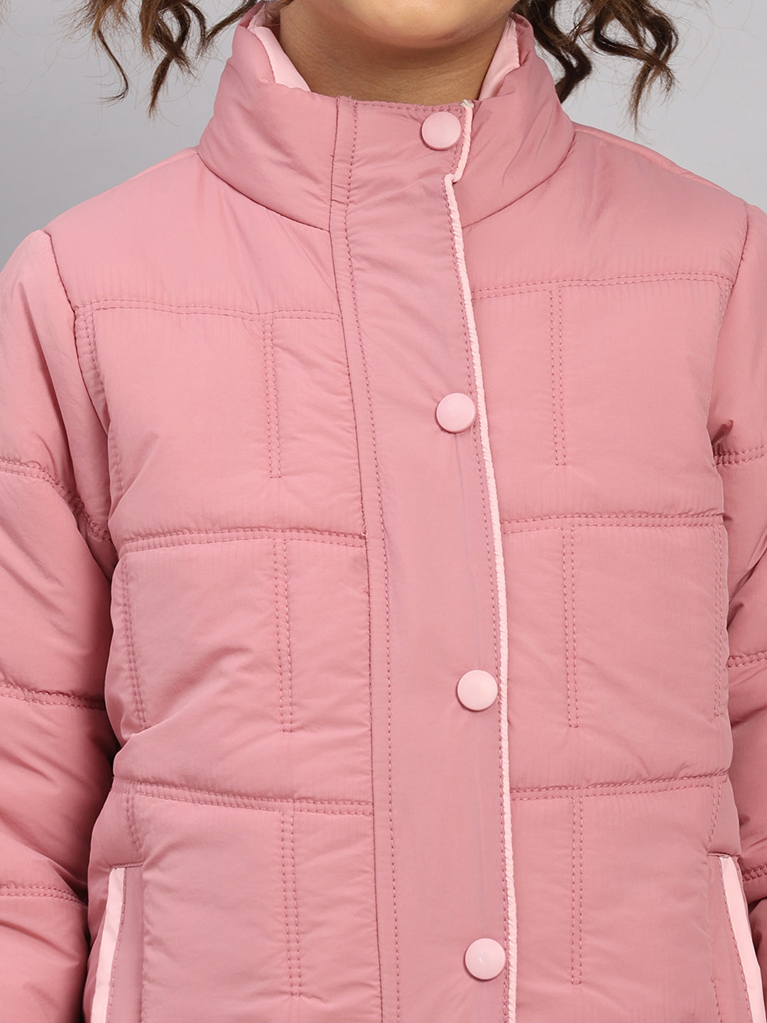 Girls Pink Solid Collar Full Sleeve Jacket