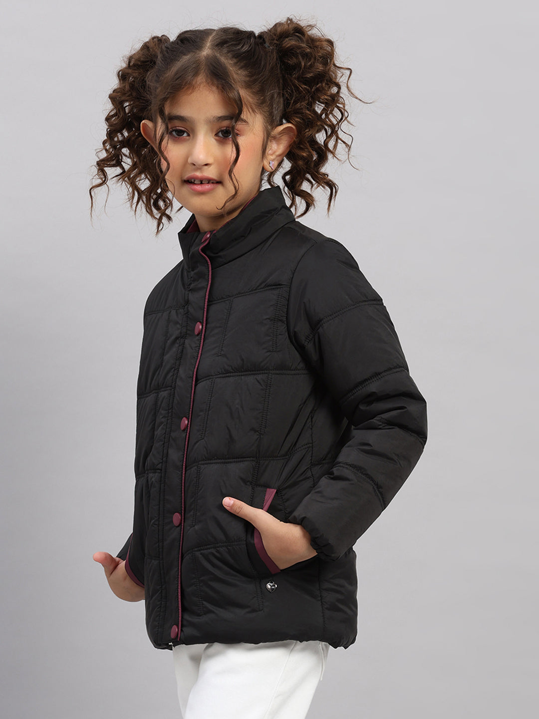 Girls Black Solid Collar Full Sleeve Jacket