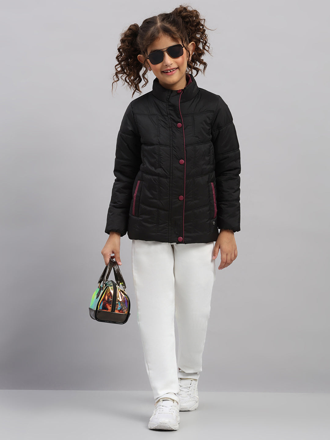 Girls Black Solid Collar Full Sleeve Jacket