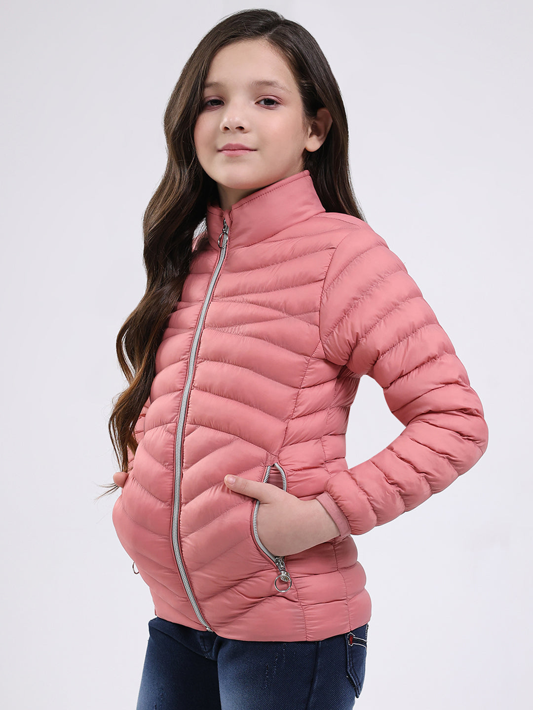 Girls Peach Solid Mock Neck Full Sleeve Jacket