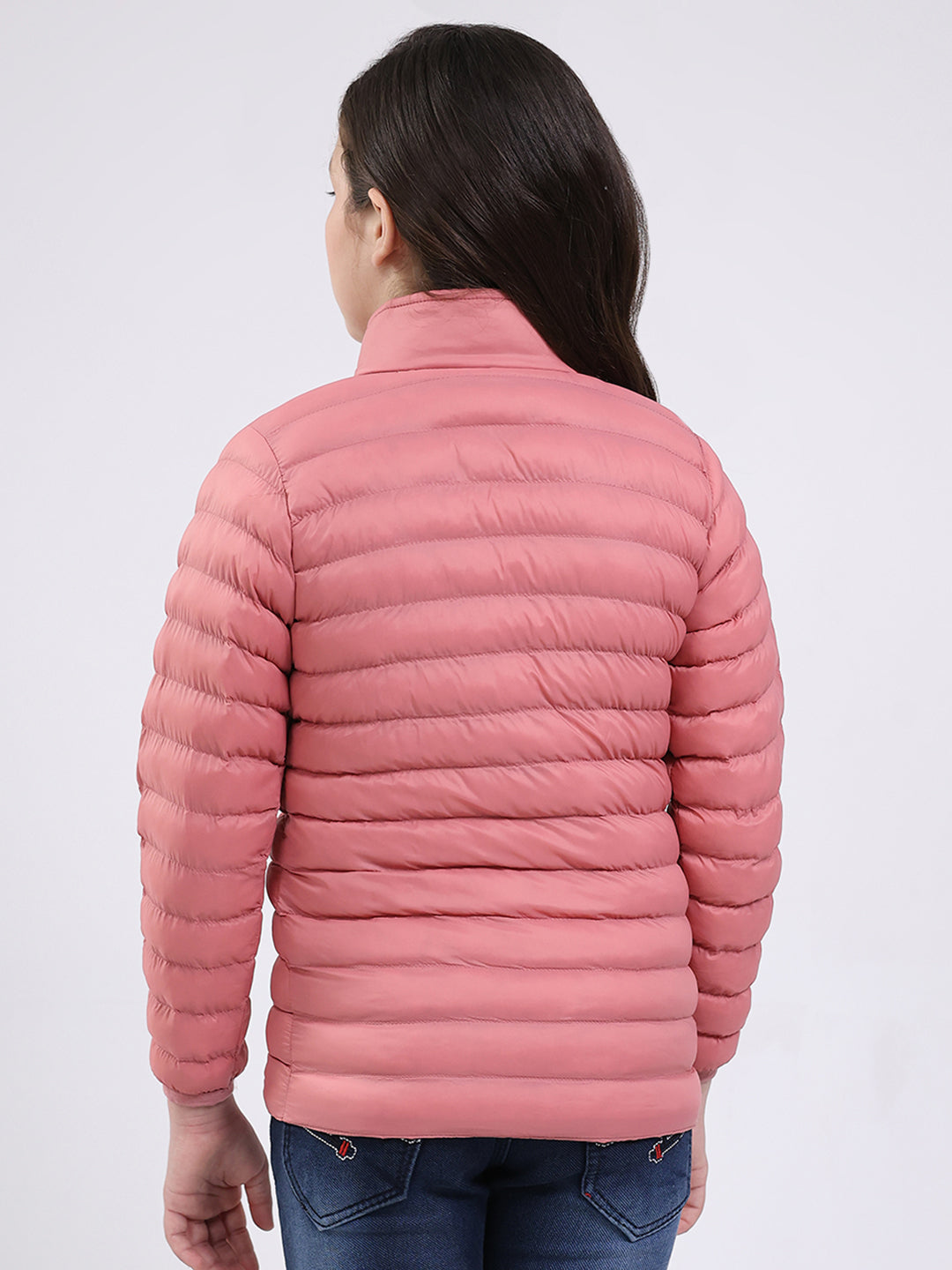 Girls Peach Solid Mock Neck Full Sleeve Jacket