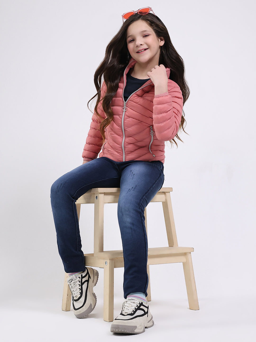Girls Peach Solid Mock Neck Full Sleeve Jacket