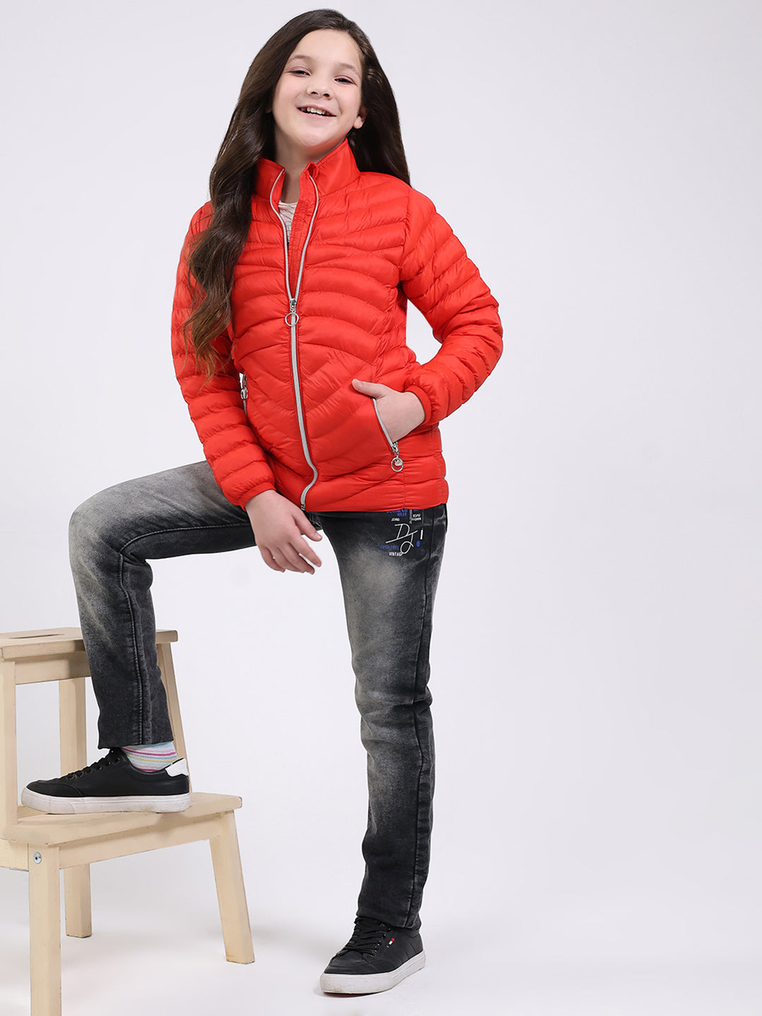 Girls Red Solid Mock Neck Full Sleeve Jacket