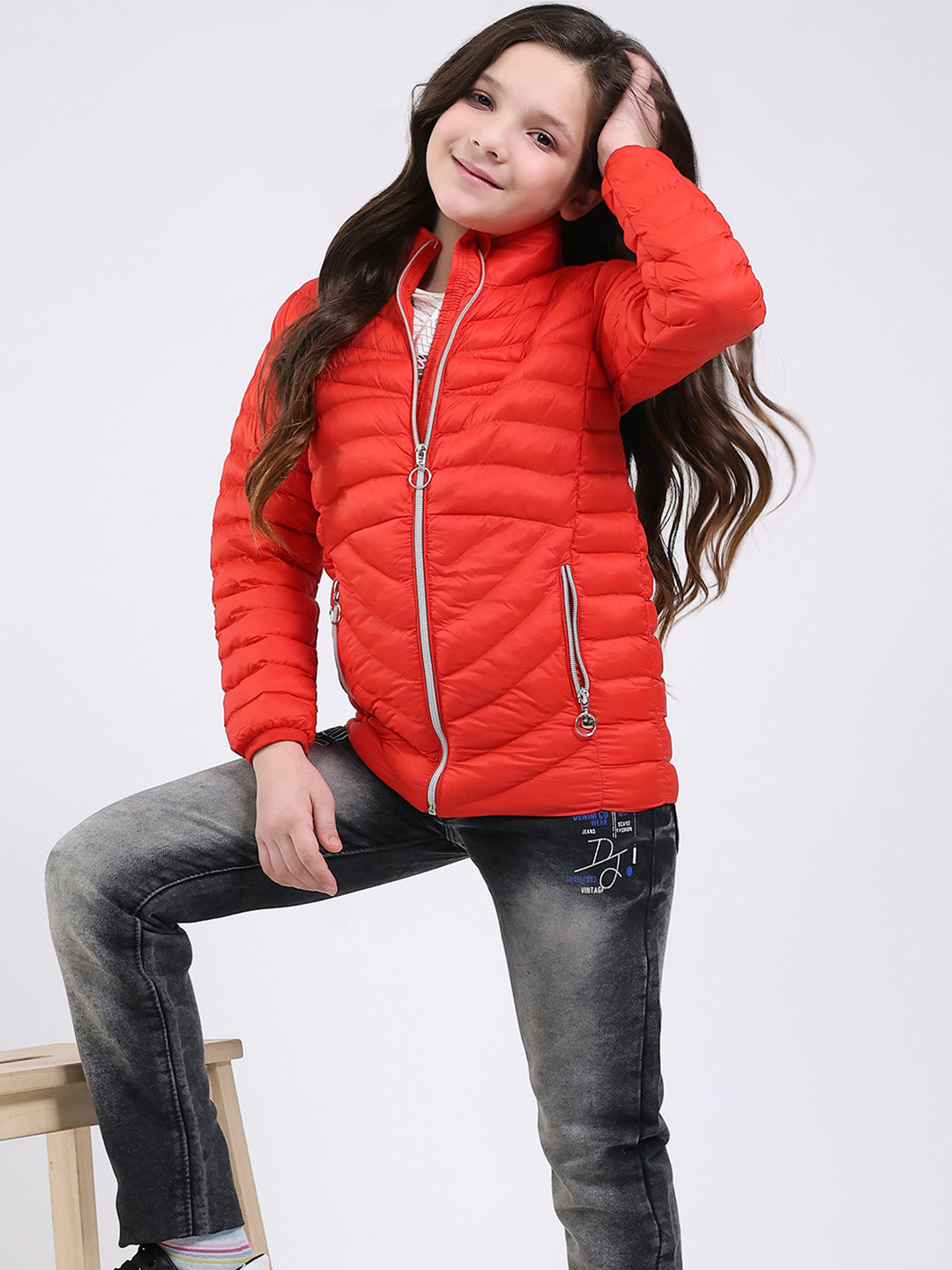 Girls Red Solid Mock Neck Full Sleeve Jacket