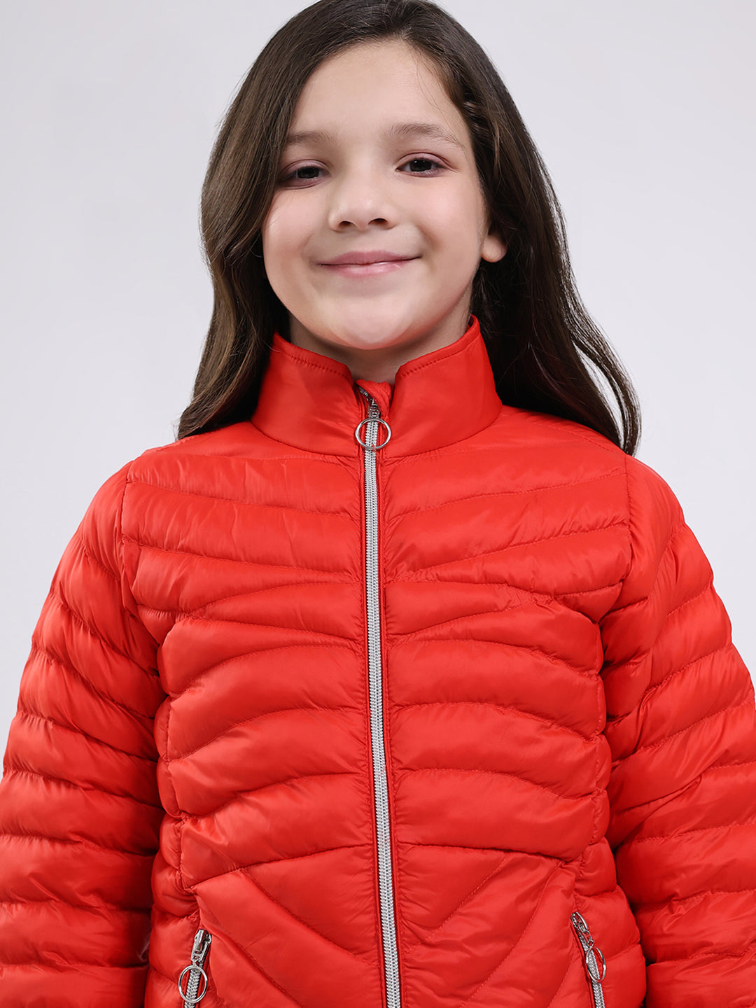 Girls Red Solid Mock Neck Full Sleeve Jacket