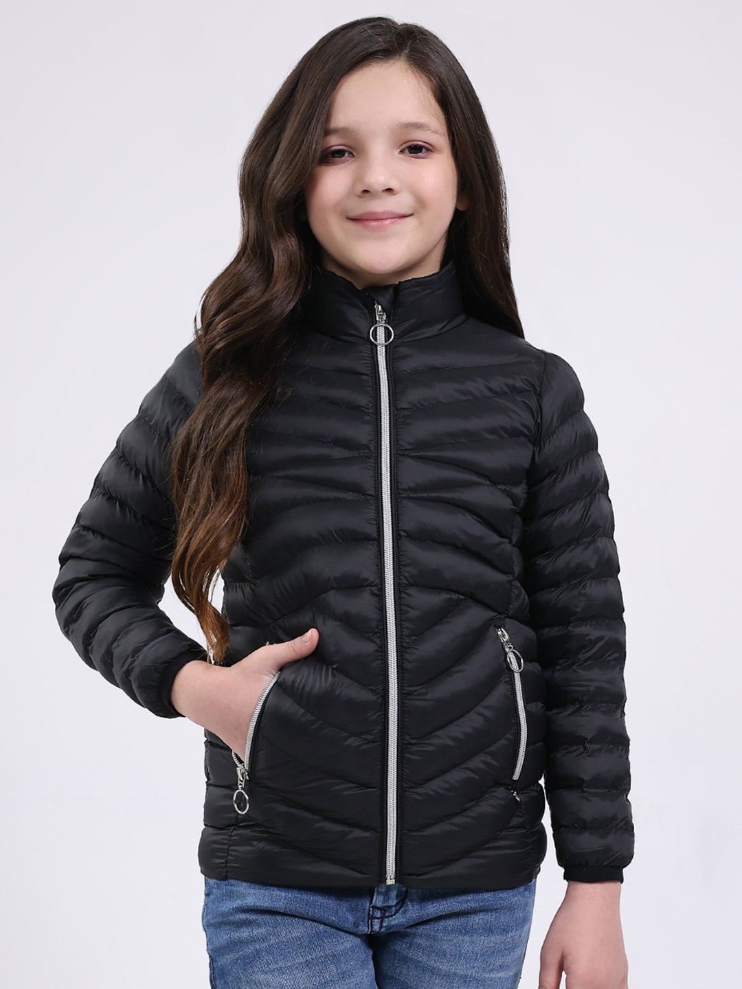 Girls Black Solid Mock Neck Full Sleeve Jacket