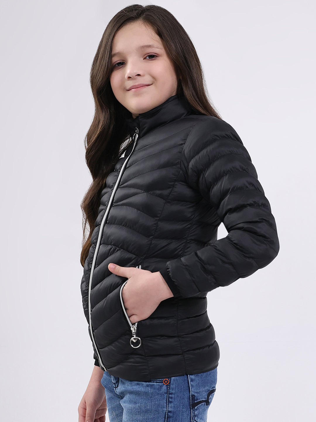 Girls Black Solid Mock Neck Full Sleeve Jacket