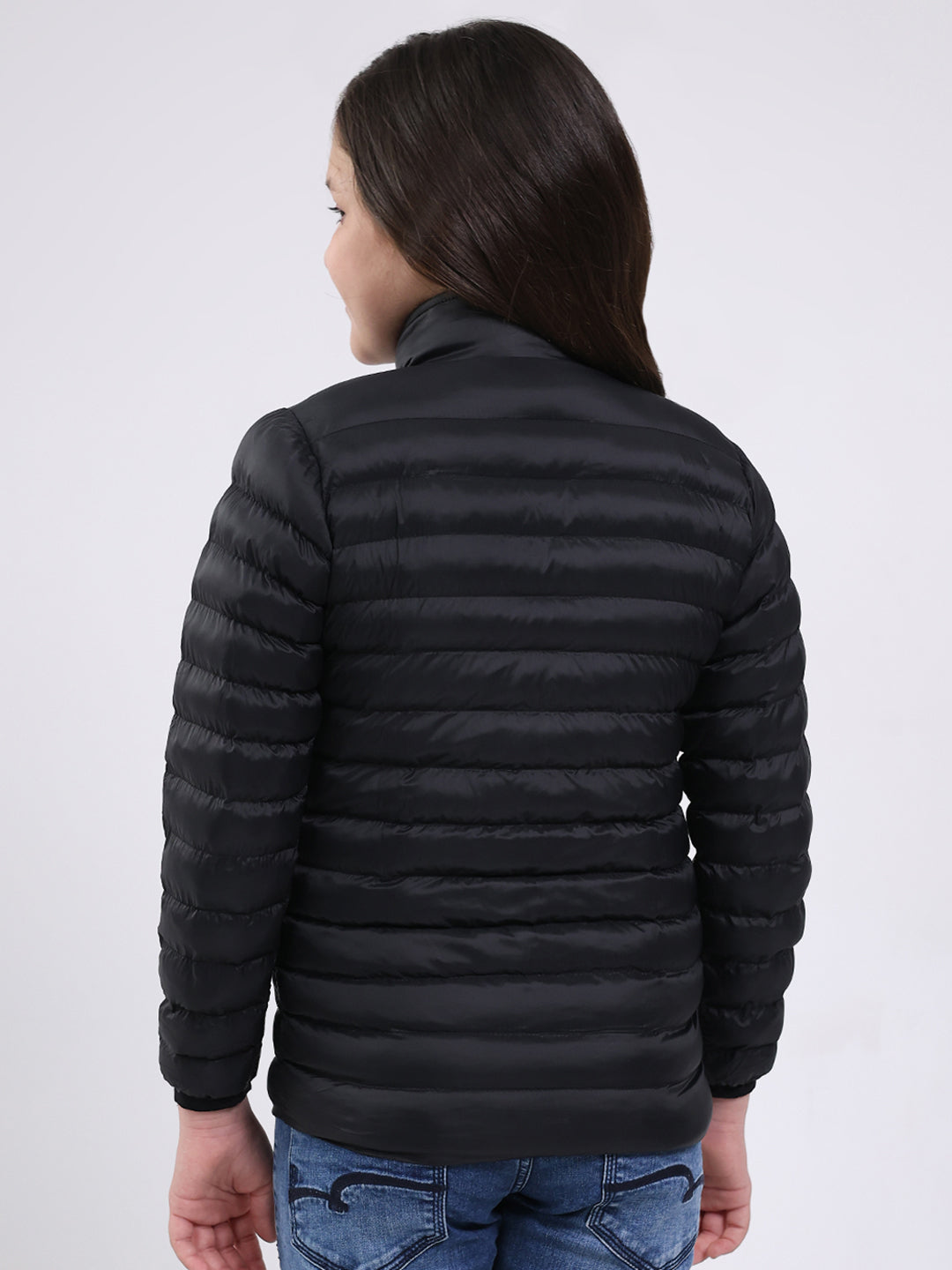 Girls Black Solid Mock Neck Full Sleeve Jacket