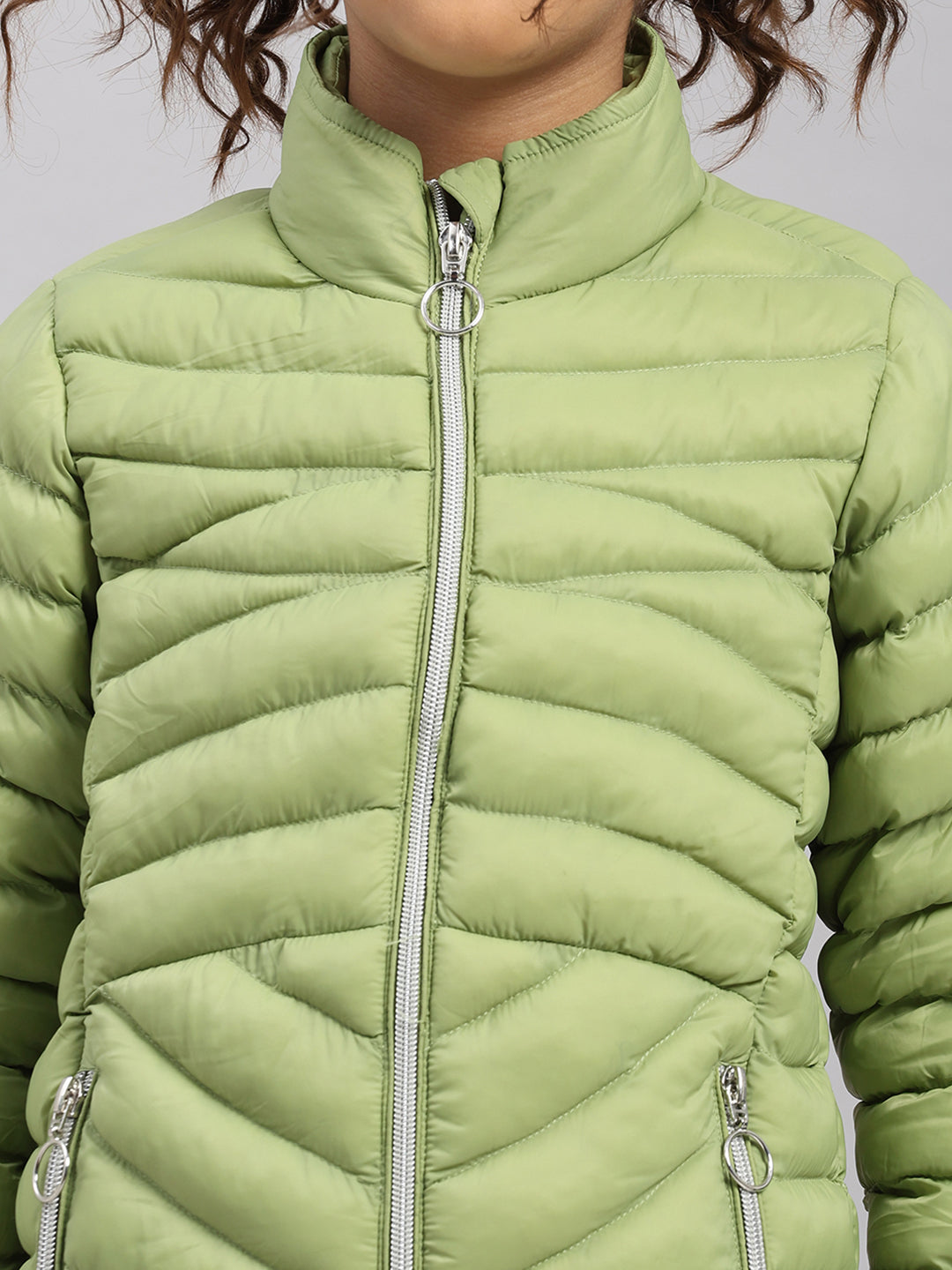 Girls Green Solid Collar Full Sleeve Jacket