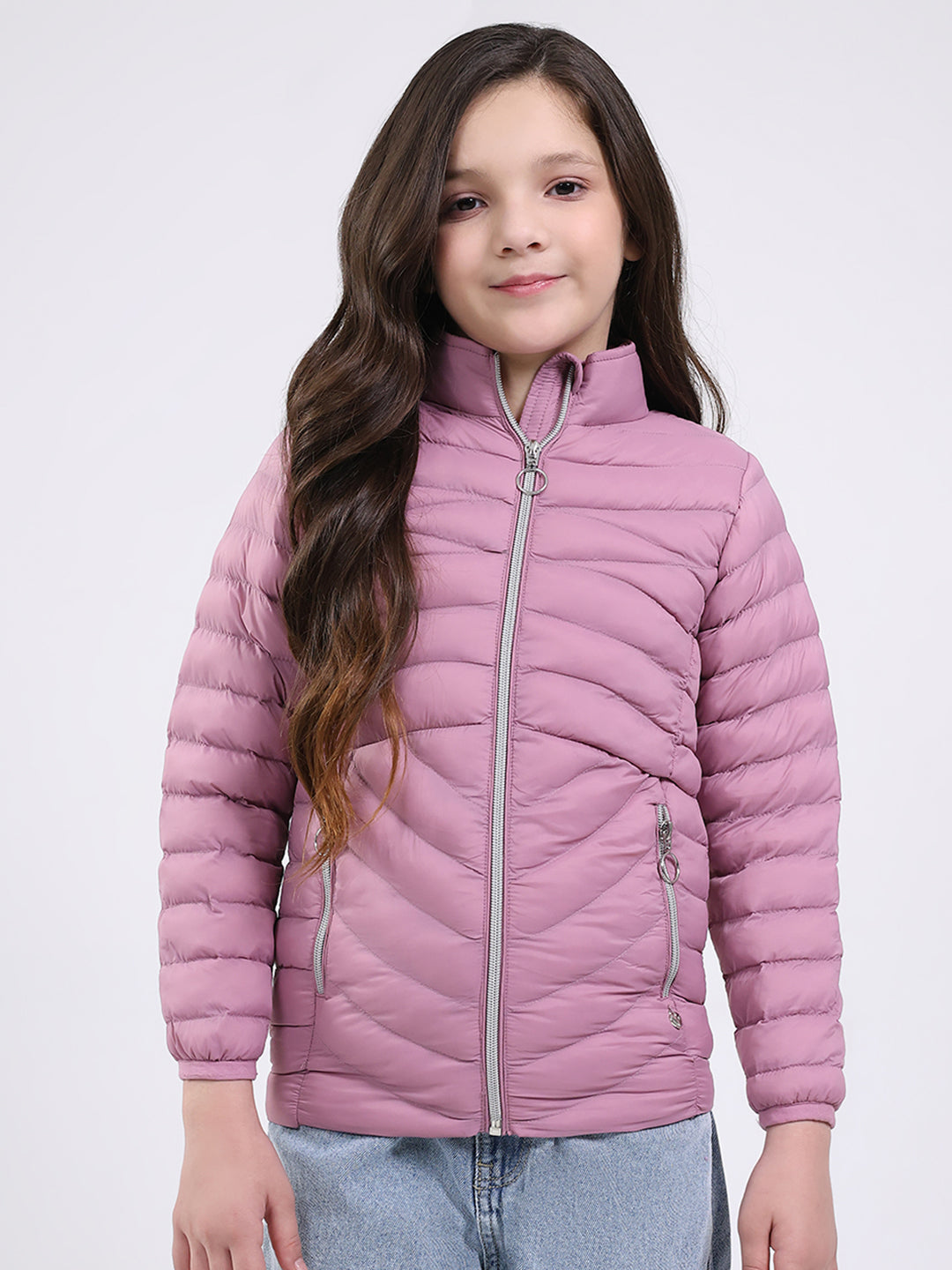 Girls Purple Solid Mock Neck Full Sleeve Jacket