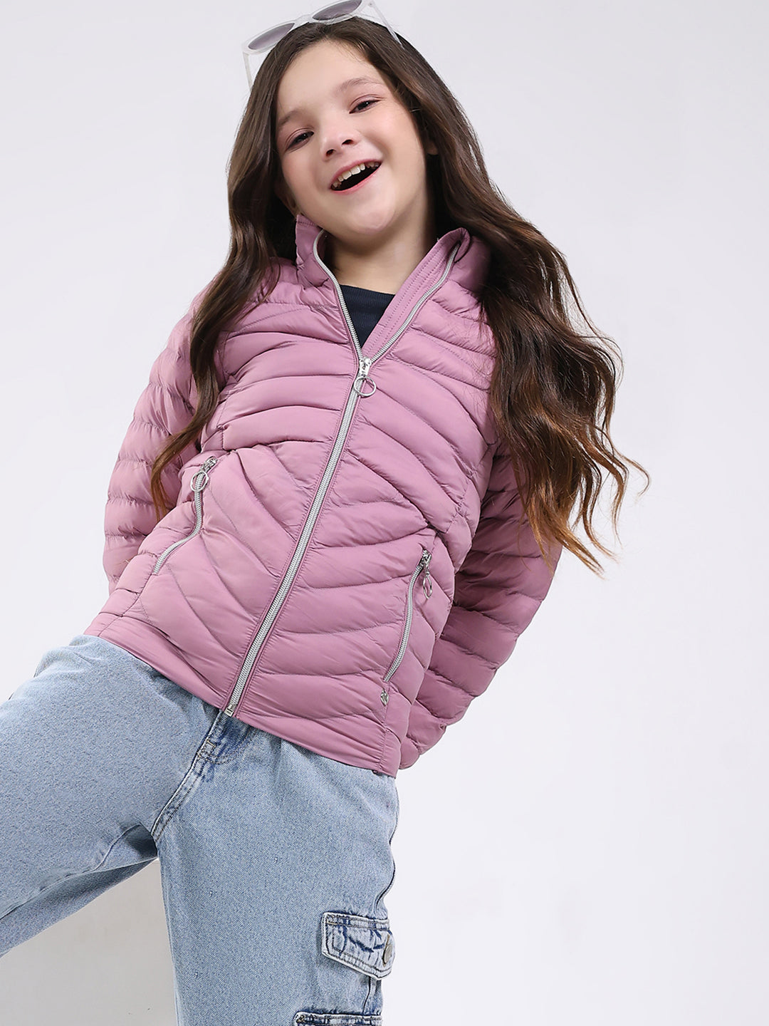 Girls Purple Solid Mock Neck Full Sleeve Jacket