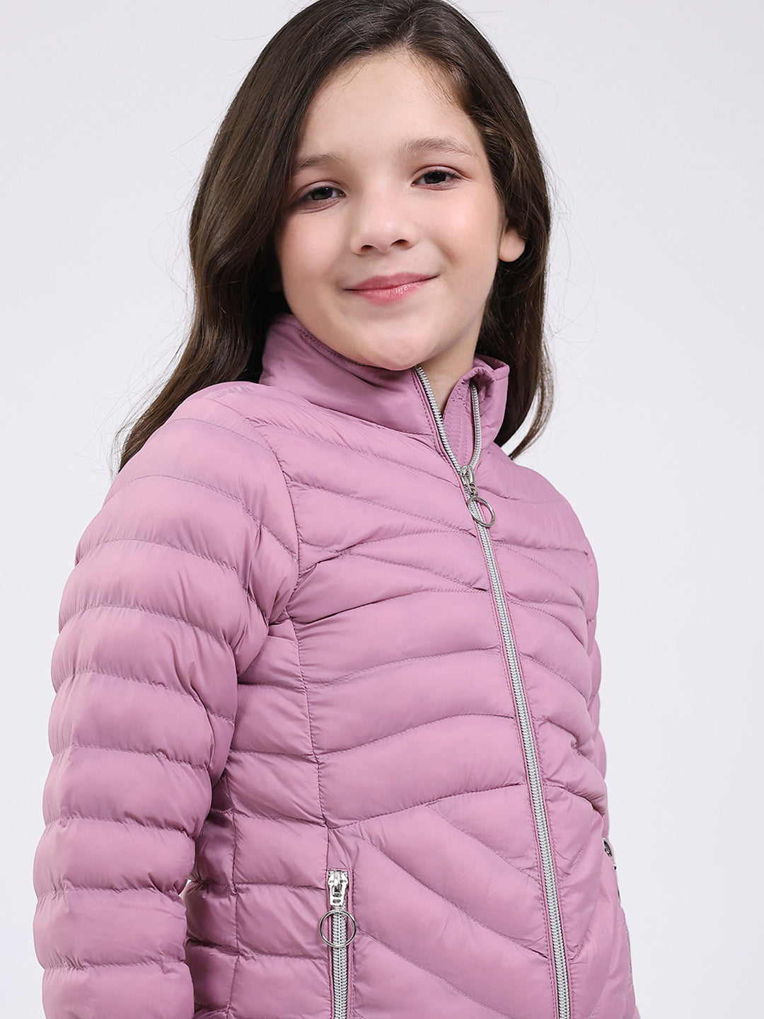 Girls Purple Solid Mock Neck Full Sleeve Jacket