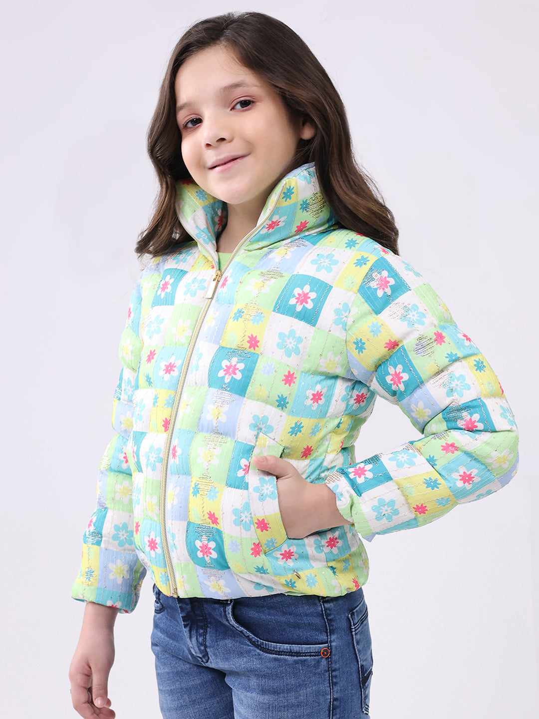 Girls Green Printed Collar Full Sleeve Jacket